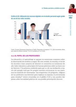 6 / Redes sociales y ámbito escolar




Gráfico 6.24. Utilización de recursos digitales en el estudio personal según grado
de uso de las redes sociales.                                                                                      187




                                                                                                                   menores y redes sociales
Fuente. Encuesta Generaciones Interactivas en España. Respuestas a la pregunta nº 15 “¿Qué herramientas utilizas
para realizar los deberes o estudiar?” N=8.373 escolares de 10 a 18 años


6.2. El papel de los profesores

La educación y el aprendizaje se apoyan en numerosas ocasiones sobre
la observación de modelos a seguir. En este sentido, la escuela y el rol de
los docentes como usuarios de Internet se convierten en testimonio de
alto valor educativo y prescriptor de buenas prácticas sobre un buen uso
de Internet. Y la primera condición para que se dé esa mediación a tra-
vés del ejemplo será que los propios menores reconozcan en sus maes-
tros la condición de internautas. Las respuestas a la pregunta: ¿Alguno
de tus profesores usa Internet para explicar su materia o lo recomienda
para estudiar? vienen resumidas en el gráfico 6.25 y nos pueden dar
pistas sobre la realidad práctica de una posible prescripción docente.
 