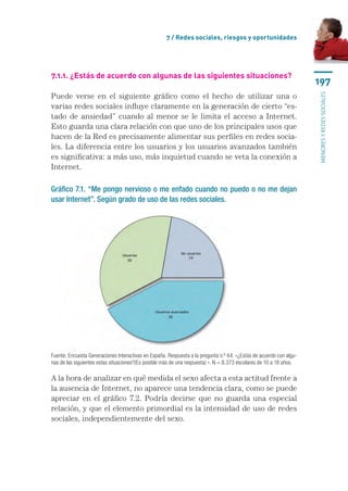 7 / Redes sociales, riesgos y oportunidades




7.1.1. ¿Estás de acuerdo con algunas de las siguientes situaciones?
                                                                                                                     197
Puede verse en el siguiente gráfico como el hecho de utilizar una o




                                                                                                                     menores y redes sociales
varias redes sociales influye claramente en la generación de cierto “es-
tado de ansiedad” cuando al menor se le limita el acceso a Internet.
Esto guarda una clara relación con que uno de los principales usos que
hacen de la Red es precisamente alimentar sus perfiles en redes socia-
les. La diferencia entre los usuarios y los usuarios avanzados también
es significativa: a más uso, más inquietud cuando se veta la conexión a
Internet.

Gráfico 7.1. “Me pongo nervioso o me enfado cuando no puedo o no me dejan
usar Internet”. Según grado de uso de las redes sociales.




Fuente: Encuesta Generaciones Interactivas en España. Respuesta a la pregunta n.º 44: «¿Estás de acuerdo con algu-
nas de las siguientes estas situaciones?(Es posible más de una respuesta) ». N = 8.373 escolares de 10 a 18 años.

A la hora de analizar en qué medida el sexo afecta a esta actitud frente a
la ausencia de Internet, no aparece una tendencia clara, como se puede
apreciar en el gráfico 7.2. Podría decirse que no guarda una especial
relación, y que el elemento primordial es la intensidad de uso de redes
sociales, independientemente del sexo.
 