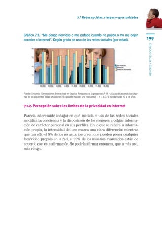7 / Redes sociales, riesgos y oportunidades




Gráfico 7.3. “Me pongo nervioso o me enfado cuando no puedo o no me dejan
acceder a Internet”. Según grado de uso de las redes sociales (por edad).                                            199




                                                                                                                     menores y redes sociales
Fuente: Encuesta Generaciones Interactivas en España. Respuesta a la pregunta n.º 44: «¿Estás de acuerdo con algu-
nas de las siguientes estas situaciones?(Es posible más de una respuesta) ». N = 8.373 escolares de 10 a 18 años.


7.1.2. Percepción sobre los límites de la privacidad en Internet

Parecía interesante indagar en qué medida el uso de las redes sociales
modifica la conciencia y la disposición de los menores a colgar informa-
ción de carácter personal en sus perfiles. En lo que se refiere a informa-
ción propia, la intensidad del uso marca una clara diferencia: mientras
que tan sólo el 8% de los no usuarios creen que pueden poner cualquier
foto/vídeo propios en la red, el 22% de los usuarios avanzados están de
acuerdo con esta afirmación. Se podría afirmar entonces, que a más uso,
más riesgo.
 
