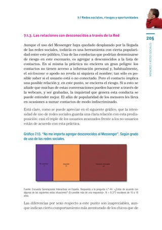 7 / Redes sociales, riesgos y oportunidades




7.1.3. Las relaciones con desconocidos a través de la Red
                                                                                                                  205
Aunque el uso del Messenger haya quedado desplazado por la llegada




                                                                                                                  menores y redes sociales
de las redes sociales, todavía es una herramienta con cierta populari-
dad entre este público. Una de las conductas que podrían denominarse
de riesgo en este escenario, es agregar a desconocidos a la lista de
contactos. En sí misma la práctica no encierra un gran peligro: los
contactos no tienen acceso a información personal y, habitualmente,
el nickname o apodo no revela ni siquiera el nombre; tan sólo es po-
sible saber si el usuario está o no conectado. Pero el contacto implica
una posible relación y, en este punto, se encierra el riesgo. Si a esto se
añade que muchas de estas conversaciones pueden hacerse a través de
la webcam, y ser grabadas, la inquietud que genera esta conducta se
puede entender mejor. El afán de popularidad de los menores les lleva
en ocasiones a sumar contactos de modo indiscriminado.

Está claro, como se puede apreciar en el siguiente gráfico, que la inten-
sidad de uso de redes sociales guarda una clara relación con esta predis-
posición: casi el triple de los usuarios avanzados frente a los no usuarios
están de acuerdo con esta práctica.

Gráfico 7.13. “No me importa agregar desconocidos al Messenger”. Según grado
de uso de las redes sociales.




Fuente: Encuesta Generaciones Interactivas en España. Respuesta a la pregunta n.º 44: «¿Estás de acuerdo con
algunas de las siguientes estas situaciones? (Es posible más de una respuesta)». N = 8.373 escolares de 10 a 18
años.	

Las diferencias por sexo respecto a este punto son inapreciables, aun-
que indican cierto comportamiento más aventurado de los chicos que de
 