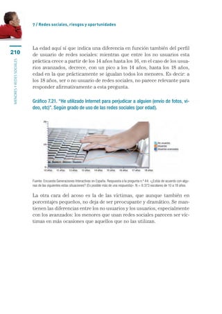 7 / Redes sociales, riesgos y oportunidades




                           La edad aquí sí que indica una diferencia en función también del perfil
210                        de usuario de redes sociales: mientras que entre los no usuarios esta
                           práctica crece a partir de los 14 años hasta los 16, en el caso de los usua-
menores y redes sociales




                           rios avanzados, decrece, con un pico a los 14 años, hasta los 18 años,
                           edad en la que prácticamente se igualan todos los menores. Es decir: a
                           los 18 años, ser o no usuario de redes sociales, no parece relevante para
                           responder afirmativamente a esta pregunta.

                           Gráfico 7.21. “He utilizado Internet para perjudicar a alguien (envío de fotos, ví-
                           deo, etc)”. Según grado de uso de las redes sociales (por edad).




                           Fuente: Encuesta Generaciones Interactivas en España. Respuesta a la pregunta n.º 44: «¿Estás de acuerdo con algu-
                           nas de las siguientes estas situaciones? (Es posible más de una respuesta)». N = 8.373 escolares de 10 a 18 años.

                           La otra cara del acoso es la de las víctimas, que aunque también en
                           porcentajes pequeños, no deja de ser preocupante y dramático. Se man-
                           tienen las diferencias entre los no usuarios y los usuarios, especialmente
                           con los avanzados: los menores que usan redes sociales parecen ser víc-
                           timas en más ocasiones que aquellos que no las utilizan.
 