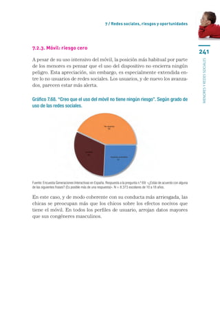 7 / Redes sociales, riesgos y oportunidades




7.2.3. Móvil: riesgo cero
                                                                                                                      241
A pesar de su uso intensivo del móvil, la posición más habitual por parte




                                                                                                                      menores y redes sociales
de los menores es pensar que el uso del dispositivo no encierra ningún
peligro. Esta apreciación, sin embargo, es especialmente extendida en-
tre lo no usuarios de redes sociales. Los usuarios, y de nuevo los avanza-
dos, parecen estar más alerta.

Gráfico 7.68. “Creo que el uso del móvil no tiene ningún riesgo”. Según grado de
uso de las redes sociales.




Fuente: Encuesta Generaciones Interactivas en España. Respuesta a la pregunta n.º 69: «¿Estás de acuerdo con alguna
de las siguientes frases? (Es posible más de una respuesta)». N = 8.373 escolares de 10 a 18 años.

En este caso, y de modo coherente con su conducta más arriesgada, las
chicas se preocupan más que los chicos sobre los efectos nocivos que
tiene el móvil. En todos los perfiles de usuario, arrojan datos mayores
que sus congéneres masculinos.
 