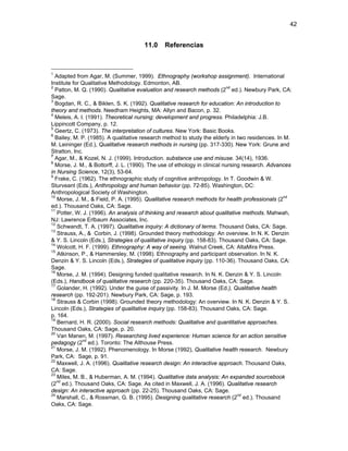 42
11.0 Referencias
1
Adapted from Agar, M. (Summer, 1999). Ethnography (workshop assignment). International
Institute for Qualitative Methodology. Edmonton, AB.
2
Patton, M. Q. (1990). Qualitative evaluation and research methods (2
nd
ed.). Newbury Park, CA:
Sage.
3
Bogdan, R. C., & Biklen, S. K. (1992). Qualitative research for education: An introduction to
theory and methods. Needham Heights, MA: Allyn and Bacon, p. 32.
4
Meleis, A. I. (1991). Theoretical nursing: development and progress. Philadelphia: J.B.
Lippincott Company, p. 12.
5
Geertz, C. (1973). The interpretation of cultures. New York: Basic Books.
6
Bailey, M. P. (1985). A qualitative research method to study the elderly in two residences. In M.
M. Leininger (Ed.), Qualitative research methods in nursing (pp. 317-330). New York: Grune and
Stratton, Inc.
7
Agar, M., & Kozel, N. J. (1999). Introduction. substance use and misuse. 34(14), 1936.
8
Morse, J. M., & Bottorff, J. L. (1990). The use of ethology in clinical nursing research. Advances
in Nursing Science, 12(3), 53-64.
9
Frake, C. (1962). The ethnographic study of cognitive anthropology. In T. Goodwin & W.
Sturveant (Eds.), Anthropology and human behavior (pp. 72-85). Washington, DC:
Anthropological Society of Washington.
10
Morse, J. M., & Field, P. A. (1995). Qualitative research methods for health professionals (2
nd
ed.). Thousand Oaks, CA: Sage.
11
Potter, W. J. (1996). An analysis of thinking and research about qualitative methods. Mahwah,
NJ: Lawrence Erlbaum Associates, Inc.
12
Schwandt, T. A. (1997). Qualitative inquiry: A dictionary of terms. Thousand Oaks, CA: Sage.
13
Strauss, A., & Corbin, J. (1998). Grounded theory methodology: An overview. In N. K. Denzin
& Y. S. Lincoln (Eds.), Strategies of qualitative inquiry (pp. 158-83). Thousand Oaks, CA: Sage.
14
Wolcott, H. F. (1999). Ethnography: A way of seeing. Walnut Creek, CA: AltaMira Press.
15
Atkinson, P., & Hammersley, M. (1998). Ethnography and participant observation. In N. K.
Denzin & Y. S. Lincoln (Eds.), Strategies of qualitative inquiry (pp. 110-36). Thousand Oaks, CA:
Sage.
16
Morse, J. M. (1994). Designing funded qualitative research. In N. K. Denzin & Y. S. Lincoln
(Eds.), Handbook of qualitative research (pp. 220-35). Thousand Oaks, CA: Sage.
17
Golander, H. (1992). Under the guise of passivity. In J. M. Morse (Ed.), Qualitative health
research (pp. 192-201). Newbury Park, CA: Sage, p. 193.
18
Strauss & Corbin (1998). Grounded theory methodology: An overview. In N. K. Denzin & Y. S.
Lincoln (Eds.), Strategies of qualitative inquiry (pp. 158-83). Thousand Oaks, CA: Sage.
p. 164.
19
Bernard, H. R. (2000). Social research methods: Qualitative and quantitative approaches.
Thousand Oaks, CA: Sage, p. 20.
20
Van Manen, M. (1997). Researching lived experience: Human science for an action sensitive
pedagogy (2
nd
ed.). Toronto: The Althouse Press.
21
Morse, J. M. (1992). Phenomenology. In Morse (1992), Qualitative health research. Newbury
Park, CA: Sage, p. 91.
22
Maxwell, J. A. (1996). Qualitative research design: An interactive approach. Thousand Oaks,
CA: Sage.
23
Miles, M. B., & Huberman, A. M. (1994). Qualitative data analysis: An expanded sourcebook
(2
nd
ed.). Thousand Oaks, CA: Sage. As cited in Maxwell, J. A. (1996). Qualitative research
design: An interactive approach (pp. 22-25). Thousand Oaks, CA: Sage.
24
Marshall, C., & Rossman, G. B. (1995). Designing qualitative research (2
nd
ed.). Thousand
Oaks, CA: Sage.
 