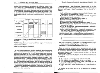 234

El estilo divergente. Resolución de problemas (Estilo G)

La enseñanza de la educación flsica

consiste en un mero ejercicio de resolución de problemas, sino en involu­
crar al alumno en la esencia del juego -la reflexión necesaria para tener
éxito en cada actividad-o La existencia de un oponente exige más que la
mera ejecución de movimientos (destrezas); cada participante debe reunir­
se con el resto de compañeros para hallar las formas de aventajar al equi­
po adversario. Esto requiere la reflexión más allá de la rutina de las pautas
otensivas y defensivas, reflexión que puede ser enseñada siguiendo este
estilo.
Gimnasia ­

barra de equilibrios

Variables
Variaciones

Desplaz.
Entrada I adelante

I

Desplaz.
atrás

I?

I Giros

? I Salida

Movimientos

Postura
Combinaciones
¿Otros?

""

La primera relación a tener en cuenta es la distancia entre los dos juga­
dores A Y B, lo que nos lleva al siguiente problema (suponer que el jugador
A tiene el balón y que el B está situado a una distancia entre 66 cm y
1 metro):
1. ¿De qué dos maneras el jugador A puede evitar (sin tocarlo) al juga­
dor B y seguir con la posesión de la pelota?
2. ¿De qué dos maneras se puede conseguir tocando al jugador B
dentro de los límites del reglamento?
3. Lograr realizar 1 y 2 estando de cara al jugador B.
4. Lograrlo estando de lado al jugador B.
5. Lograrlo estando de espaldas al jugador B.
6. ¿Puedes utilizar otras direcciones con relación al jugador B?
7. Realizarlo lentamente. Rápidamente. ¿Cuál es	 la velocidad más
adecuada? ¿Por qué?
8. ¿Cuál de las situaciones anteriores seria preferible	 si el jugador A
estuviese parado? ¿Por qué?
9. ¿Qué solución sería preferible si el jugador B indicase con la posi­
ción de su cuerpo la intención de desplazarse hacia la izquierda? ¿Y
a la derecha? ¿Adelante? ¿Atrás? ¿Sabe el porqué?
10. ¿Qué se puede hacer si el jugador B carga contra el jugador A?
11. ¿De qué otra manera puede el jugador B desplazarse contra A?

a.	
b.	

PROBLEMA N' 1: ¿Cuáles son Jaa-ltés'opciones de desplazamiento hacia adelante
en la barra?
---­
PROBLEMA N' 2: ¿Cuáles son las cuatro posibilidades de giros mientras el cuerpo
está en posturas angulares?

235

c.	

_
_
_

12. ¿Qué puede hacer el jugador A si el jugador B realiza 11a y sigue
con la posesión del balón? ¿Y si es llb? ¿Y llc?
13. Repetir 1-12 con una distancia diferente entre A y B.

Figura 10.8. Tabla de diseño de problemas

El fútbol proporciona algunos ejemplos de solución de problemas, pues­
to que muchos de sus temas tácticos pueden enseñarse por medio dei
descubrimiento. La esencia de un tema táctico es que es un problema.
Analizando ia estructura del fútbol, comprobamos que muchas situaciones
tácticas requieren soluciones alternativas para los mismos problemas. Un
ejemplo fundamental lo constituye la siguiente situación: El jugador A tiene
la posesión del balón, y se desplaza hacia el campo contrario; el adversa­
rio B aparece delante del jugador A. ¿Qué puede hacer A? Obviamente
tiene muchas opciones; cada respuesta depende de las circunstancias es­
pecificas. El punto focal es la relación entre A y B dentro de un conjunto de
circunstancias posibles, que se relacionan a su vez con el resto del equipo
y el propósito de la manipulación del balón. Examinemos las clases de re­
laciones que pueden existir, que determinan consecuentemente la natura­
leza de los problemas a diseñar.

Estos son problemas reales con los que se encuentran todos los juga­
dores durante un partido, y que se centran en fases específicas; ser capaz
de solucionarlos de forma eficiente, precisa y frecuente va a ayudar al ju­
gador a que se ajuste mejor a la secuencia de los partidos, a ser más ima­
ginativo y imejor jugador!
Otro tipo de relación entre A y B podria resultar de las características de
los jugadores:
1. ¿Qué se puede hacer si el jugador B es mucho más alto?
2. ¿Qué se puede hacer si el jugador B es mucho más rápido?
3. ¿Qué dos cosas se pueden hacer si el jugador B es igual de alto y rá­
pido que A, pero bastante más pesado?
4. ¿Cómo determinaría cuál de sus soluciones es la más adecuada en

1-3?
El siguiente tipo de relación tiene que ver con la situación de los jugado­
res A v B.

 