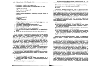 236

La enseñanza de la educación fisica
1. B podria estar situado entre A y la portería.
2. B podria estar situado entre A y un compañero de A, que está:
a. Detrás del jugador B.
b. A un lado u otro del jugador B.
c. ¿Otras situaciones?
3. B podría estar situado entre un compañero suyo y A, estando el
compañero:
a. Detras del jugador B.
b. A su lado.
c. ¿Otras situaciones?

4. El jugador B podría estar situado entre A y dos jugadores más
-uno del equipo A y otro del B.
5. B podría estar situado entre dos compañeros y A.
6. B podría estar situado entre A y dos compañeros de éste.
7. ¿Dónde más podría estar B?
8. ¿Qué es lo que A puede hacer en cada situación?
9. ¿Cuál de las soluciones previas aplicaría a cada una de estas situa­
ciones?
10. ¿Existe sólo una solución para cada situación, o hay alternativas?
A nivel organizativo, este proceso de resolución de problemas requiere
el trabajo en parejas y a veces en grupos pequeños de tres o cuatro. Se
debe, pues, dividir la clase; a cada grupo se le puede asignar una zona del
terreno de juego o bien dejarles que la escojan. Se les da un balón, no ne­
cesariamente de fútbol, y una serie de problemas (en forma de fichas o di­
bujos que permitan un trabajo eficaz). Cualquier tipo de balón puede ser­
vir, incluso de goma o plástico, puesto que los alumnos no van a jugar un
partido, sino que están aprendiendo a pensar y ejecutar la variedad de ele­
mentos que constituyen la estructura del fútbol. Esto les llevará más ade­
lante a una mejor actuación en la situación real del juego.
Un aspecto interesante del fútbol, que puede servir como punto focal
para el diseño de problemas, es el tiro a portería. Se pueden diseñar se­
ries de problemas que produzcan descubrimientos en relaciones, preferen­
cias, limitaciones, variaciones, o cualquier otra dimensión.
Algunas situaciones de gol que requieren una decisión y una solución,
son ias que enfrentan a un jugador contra el portero. Los elementos de es­
ta situación serán:
1. Distancia entre el jugador y la portería.
2. El ángulo entre el plano sagital del jugador (plano que pasa por la
nariz del jugador cuando su cabeza y cuerpo miran hacia adelante)
y la portería.
3. La situación del portero en relación a 1 y 2.

El estilo divergente. Resolución de problemas (Estilo G)

---

237

4. La relación entre las posturas del cuerpo del jugador y la portería.
5. La relación entre el cuerpo del jugador y ia pelota.
6. ¿Otros?
Si el profesor identifica variaciones en cada una de estas relaciones,
puede convertirlas en problemas. Para el diseño de problemas intenciona­
dos y apropiados, se debe tener un buen conocimiento del contenido y ser
capaz de analízar sus componentes individuales y sus relaciones. Sólo así
los problemas pueden llegar a ser secuenciales y con objetivos concretos.
Las soluciones a dichos problemas van a sintetizar los elementos disper­
sos en una sola estructura -la actividad en cuestión.
Tirar a portería también puede servir como centro focai de problemas
donde participen el portero y un defensa. Esta nueva situación puede tener
iaS siguientes dimensiones:
1. Distancia entre los dos participantes en esta situación.
2. Ubicación de cada participante. (Ejemplo: ¿Qué dos cosas se pue­
den hacer cuando el portero está cerca de un poste de la portería y
el defensa está más lejos?)
3. Dirección del movimiento de cada participante en la situación citada.
4. La velocidad de movimiento de cada participante.
5. Sus respectivas posturas en un momento dado. (Ejemplo: ¿Qué se
puede hacer cuando el defensa está semiflexionado delante del
centro de la portería y el portero está arrodillándose detrás suyo?)
6. ¿Otras dimensiones?
Otra situación de juego podría implicar a un jugador, un compañero de
equipo, un defensa, y el portero, llevando a la creación de múltiples proble­
mas.
Un profesor puede diseñar problemas en todas estas situaciones si­
guiendo la fórmula -si esto ocurre, entonces ¿qué se puede hacer? -Es
posible continuar la cadena de jugadores adicionales --{;ada adición crea
nuevas circunstancias con nuevos problemas que exigen nuevas solucio­
nes- hasta que el equipo completo esté en el campo de juego resolvien­
do problemas en acción, apropiados para el fútbol, para los jugadores co­
mo miembros individuales del equipo, y para el objetivo final del equipo.
Ahora que ya se han visto algunas técnicas y tácticas individuales del
fútbol, el profesor o entrenador debe proceder a abordar la mayor -la es­
trategia táctica colectiva-. Se aplica el mismo proceso; el profesor puede
analizar los componentes y requisitos de una estrategia y presentarlos a
los jugadores en forma de problemas. Los jugadores van a indagar, pro­
bar, examínar, y aprender la estrategia, siendo capaces de ejecutarla me­
jor, tanto mental como físicamente.
La Tabla o "Parrilia .. de resolución de problemas, puede ser un instru­
mento de planificación útil para los juegos de pelota. En la linea horizontal
superior se identifican las variables del juego, tales como una situación
táctica concreta, el número de adversarios, ei área particular del terreno de

 