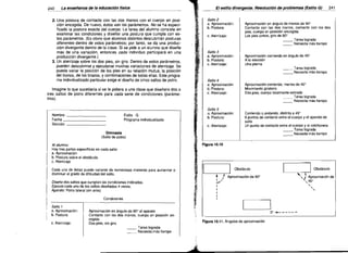 240

___ El estilo divergente. Resoluci6n de problemBs (Estilo G)

LB enseñBnzB de lB educBci6n fisica

2. Una postura de contacto con las dos manos con el cuerpo en posi­
ción encogida. De nuevo, éstos son los parámetros. No se ha especi­
ficado la postura exacta del cuerpo. La tarea del alumno consiste en
examinar las condiciones y diseñar una postura que cumpla con es­
tos parámetros. (Es obvio que alumnos distintos descubrirán posturas
diferentes dentro de estos parámetros; por tanto, se da una produc­
ción divergente dentro de la clase. Si se pide a un alumno que diseñe
más de una variación, entonces cada individuo participará en una
producción divergente.)
3. Un aterrizaje sobre los dos pies, sin giro. Dentro de estos parámetros,
pueden descubrirse y ejecutarse muchas variaciones de aterrizaje. Se
puede variar la posición de los pies en su relación mutua, la posición
del tronco, de los brazos, y combinaciones de todas ellas. Este progra­
ma individualizado particular exige el diseño de cinco saltos de potro.
Imagine lo que sucederia si se le pidiera a una clase que diseñara dos o
tres saltos de potro diferentes para cada serie de condiciones (paráme­
tros).

Sallo 2

_
_
_

Aproximación en ángulo de menos de 90°
Contacto con las dos manos, contacto con los dos
pies, cuerpo en posición encogida
Los pies ¡untos, giro de 90°

a. Aproximación:
b. Postura:

'"


c. Aterrizaje:

.,"f>¡"

_ _ Tarea lograda

_ _ Necesita más tiempo

'1«~.,

Salto 3
a. Aproximación:

Aproximación corriendo en ángulo de 45°
A tu elección
Una pierna

b. Postura:

c. Aterrizaje:

==

Sallo 4
a. Aproximación:

c. Aterrizaje:

Dos pies, cuerpo totalmente estirado
_ _ Tarea lograda

_ _ Necesita más tiempo
Sallo 5

a. Aproximación:

Programa individualizado

Corriendo o andando, distinta a 45°

b. Postura:

Estilo G

6 puntos de contacto entre el cuerpo y el aparato de
salto
Un punto de contacto entre el cuerpo y la colchoneta
_ _ Tarea lograda

c. Aterrizaje:
;5j.

Gimnasia
(Salto de potro)

Tarea lograda
Necesita más tiempo

Aproximación corriendo, menos de 45°
Movimiento giratorio

b. Postura:

'I'~.

~'

Nombre
Fecha
Sección

241

_ _ Necesita más tiempo
Figura 10.10

Al alumno:
Hay tres partes específicas en cada salto:

a. Aproximación
b. Postura sobre el obstáculo

c. Aterrizaje

I

Cada una de éstas puede variarse de numerosas maneras para aumentar o
disminuir el grado de dificultad del salto.

Díseña dos saltos que cumplan las condiciones indicadas.
Ejecuta cada uno de los saltos diseñados 4 veces.
Aparato: Potro lateral (sin aros)

11:"
:¡¡

i;
;11;~

~1

~,.

t

Condiciones

~~

Salto 1

a. Aproximación:
b. Postura:

f!:

Aproximación en ángulo de 90° al aparato
Contacto con las dos manos, cuerpo en posición en­

;~..

cogida

c. Aterrizaje:

!)

L

I


Obstáculo

1


Obstáculo

" , ) Aproximación de

Aproximación de 90°

,,

""',45 0

I
1
I

I

I


I

I

0° ..

,

_

Figura 10.11. Ángulos de aproximación

Dos pies, sin giro
_ _ Tarea lograda

_ _ Necesita más tiempo

_ _ _ _ _A.

_


 