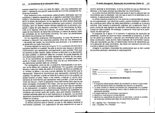 244

La enseñanza de la educación física

material específico, o con una serie f:le reglas -por muy elaboradas que
estén- representa una porción seleccionada de la infinita variedad de mo­
vimientos humanos.
Esta diferencia entre movimientos seleccionados (diseñados para los
propósitos y objetivos específicos de un deporte o actividad física determi­
nados) y movimientos de desarrollo se refleja en el grado de libertad posi­
ble en el diseño del problema. En los deportes (tai como hemos observado
anteriormente), pueden diseñarse problemas para producir soluciones
múltiples, pero los diseños vienen siempre dictados por la estructura, pro­
pósito y reglas de cada deporte o actividad. En los movimientos de desa­
rrollo (yen algunas ramas de ia danza), no existen estos límites. Ei con­
cepto de movimientos de desarrollo constituye un intento de abarcar todas
las variedades de los movimientos humanos. Por tanto, las posibilidades
del diseño de problemas son ilimitadas.
En ios siguientes programas individualizados. la tarea del alumno es
empezar a descubrir las relaciones posibles entre las tres dimensiones
-las partes del cuerpo, los movimientos que producen, y la cualidad que
se desarrolla con cada movimiento.
El primer ejemplo se ilustra en la figura 10.13. La primera columna de la
izquierda identifica la cualidad. Se pide al alumno que busque y descubra
movimiento(s) que representen principalmente a esa cualidad. Para que
los alumnos puedan hacerlo, deben conocer la definición (y la descripción)
de cada cualidad. La definición debe ser universal. No puede depender de
una idiosincrasia particular, ni puede representar la opinión de una perso­
na. Si ios movimientos de desarrollo constituyen un concepto que repre­
senta un modelo universal, entonces cada una de sus dimensiones y de
sus definiciones también debe ser universal.
Por consiguiente, antes de dar un programa individualizado a los alum­
nos, se les deben dar y explicar las definiciones. Por supuesto, ello puede
llevarse a cabo por medio del estilo B. El profesor identifica la cualidad por
su nombre, la define, y da unos cuantos ejemplos de movimientos que la
representan. Selecciona movimientos que representen claramente esa
cualidad. Por ejemplo, cuando se habla de la fuerza como una cualidad, se
puede levantar un peso, trepar a una cuerda, y empujar un carrito como
ejemplos de movimientos que representan esta cualidad. (¿Cuál es la defi­
nición de fuerza? ¿Tiene la educación física definiciones para aigunos de
estos conceptos universales?) Aún mejor, una vez que el profesor ha defi­
nido la cualidad, puede pedir a sus alumnos que le den algunos ejemplos
(y los demuestren, si pueden). Conviene asegurarse de que los ejemplos
se centren claramente en la cualidad principal. Siempre hay cualidades se­
cundarias que forman parte del cuadro, pero para efectos ilustrativos la
cualidad reseñada debe ser la más importante en el ejemplo. Los alumnos
apreciarán claramente que la principal cualidad en los tres ejemplos recién
citados es ia fuerza.
La segunda columna identifica la(s) parte(s) del cuerpo que se utilizan.
La tercera columna está en blanco, ya que en ella deberá anotarse el
movimiento diseñado. (Un subproducto de esta experiencia es que el

,',
1
)­

,',
.¡.¡

i.
¡

'1'

I

El estilo divergente. Resolución de problemas (Estilo G)

245

alumno aprende la terminología, la forma correcta en que se deletrean los
términos, y las frases precisas que describen los movimientos.)
La cuarta columna identifica hasta qué punto el alumno ejecuta bien los
movimientos que ha: diseñado. Una vez que el alumno ha diseñado el mo­
vimiento, lo ejecuta para hallar este nivel.
La última columna proporciona a los alumnos la oportunidad de proyec­
tar sus aspiraciones. Las columnas cuarta y quinta constituyen medios úti­
les y prácticos para utilizar las ideas descubiertas y anotadas en la tercera
columna. Esto conecta la producción cognitiva con la ejecución fisica. El
punto crucial de este ejercicio es descubrir movimientos para la parte del
cuerpo en cada cualidad. Sin embargo, la ejecución física real es la culmi­
nación de este ejercicio.
El programa de la figura 10.13 contiene 14 ejercicios de resolución de
problemas. Cuando los alumnos hayan completado el programa, ei profe­
sor les pedirá que diseñen y ejecuten otro movimiento para cada una de
estas condiciones. Cada alumno habrá diseñado 28 movimientos nuevos.
(Hay que recordarles que fijen un determinado número de repeticiones pa­
ra la ejecución de cada movimiento. iNo basta con realizarlo una sola vez
cuando el objetivo es el desarrollo!)
i Imagine la cantidad y diversidad de producciones que se dan cuando
los alumnos participan realmente en este programal

,

,
Nombre
Clase
Fecha

_
_
_

Estilo G
Programa individualizado

Movimientos de desarrollo
Al alumno:
1. El programa individualizado (diseño del estudiante) te ofrece la oportunidad
de tomar decisiones sobre los contenidos que afectan a tu desarrollo.
2. Tu tarea consiste en diseñar movimientos que correspondan a la Cualidad
Físíca (columna de la izquierda). Anota tu idea (tu diseño) en la columna de
Movimiento diseñado.
3. El diseño debe ser un movimiento nuevo para ti.
4. Identifica tu nivel actual en la larea descrita.
5. Identifica tus expectativas de ejecución en esta tarea, y calcula la cantidad
de tiempo que necesitas para llegar ahi (parámetros de tiempo).
AG : Agilidad; Fíex: Flexibilidad; FU = Fuerza;
Equi = Equilibrio; Pre = Precisión

•


I

 