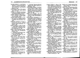 282

LB enseñBnzB de /B educBción flsicB	

COLLlNS, BARRY E. Y GUETZKOW,
HAROLD. A Social Psychology 01
Group Processes lor Oecision-Ma­
king. Nueva York: John Wiley &
Sons, Inc., 1964.
COPPERMAN, PAUL. The Literacy
Hoax. Nueva York: William Morrow
& Co., Inc., 1978.
COWELL, C. C. Scientific Foundations
01 Physical Education. Nueva York:
Harper & Row, Publishers, 1953.
CRATIY, BRYANT J. Movement Be­
havior and Motor Learning. Filadel­
fia: Lea & Febiger, 1964.
CHILDS, JOHN L. Education and Mo­
rals. Nueva York: Appleton-Century
& Appleton-Century-Crofts, Inc.,

1950.
CHRISTIAN, ROGER W.•Guides lo
Programmed Learning ... Harvard
Business Review, Noviembre - Di­
ciembre, 1962.
DAVID, ELWOOD C. y WALLlS, EARL
L. Toward Belter Teaching in Physi·
cal Education. Engiewood Clifls,
NJ: Prentice-Hall, Inc., 1961.
DEWEY, JOHN. Oemocracy and Edu­
cation. Nueva York: The Macmillan
Company, 1916.
- . Experience and Education. Nue­
va York: Collier Books, 1963.
- . How We Think. Boslon: D.C. He­
ath & Company, 1933.
JIEM, L1SILOTT. Who Can? Trans.
with an intro. by H. Steinhous.
Franklurt del Main, Alemania: W.
Limpert, 1957.
JOUGHERTY, NEIL J. Y BONANNO.
DIANE. Contemporary Approaches
to the Teaching 01 Physical Educa­
tion. Minneapolis: Burgess Publis­
hing. Co., 1979.
)UNKIN, MICHAEL J. y BIDDLE,
BRUCE J. The Study 01 Teaching.
Nueva York: Holt, Rinehart & Wins­
ton, Inc.. 1974.
'ESTINGER, LEON. The theory 01
cognitive dissonance. Evanston, 111.
Row Peterson, 1957.
'LANDERS,	 NED A. .Analyzing Tea­
cher Behavior... Educational Lea­
dership 19 (1961): 173-80.

Analyzing Teaching Behavior.
Reading, MA: Addison-Wesley Pu­
blishing Co.• 1970.
FLEISCHMAN, EDWIN A. The Oimen­
sions 01 Physical Filness. (Techni­
cal Report No. 4, Oflice of Naval
Research, Department 01 Industrial
Administration and Department 01
Psychology, Yale University). New
Haven, CT, 1962.
FORD, G. W. y PUGNO, L. eds. The
Structure 01 Knowledge and rhe Cu­
rriculum. Chicago: Rand McNally &
Co., 1964.
FRIEDLANDER, BERNARD Z ... A
Psychologisl's Second Thoughts on
Concepls, Curiosity, and Discovery
in Teaching and Learning... Harvard
Educational Review 35, no. 1 (In­
vierno 1965): 18-38.
GAGE, N. L. .Toward a Cognitive
Theory 01 Teaching ... Teachers Co­
lIege Record 65 (1964): 408-12.
- . Teacher EI/ectiveness and Tea­
cher Education: The Search lor a
Scienti/ic Basis. Palo Alto: Pacilic
Books, Publishers, 1972.
GAGNE, ROBERT M. The Conditions
01 Learning. Nueva York: Holt, Ri­
nehart & Winston, Inc., 1965.
GAGNE, ROBERT M. y BROWN, L. T.
..Some Factors in the Programming
of Conceptual Learning ... Journalol
Experimental Psychology 62
--o

(1961): 313-21.
GROSS, RONALD, ed. The Teacher
and the Taught. Nueva York: Dell
Publishing Co., Inc., 1963.
GUILFORD, J. P. - Three Faces 01 In­
tellect... The American Psychologist

14 (1959): 469-79.
HALLMAN, RALPH J. -Can Crealivity
Be Taught? .. Educational Theory

14 (1964): 15-23.
HALSEY, ELlZABETH. Inquiry and In­
vention in Physical Education. Fila­
delfia: Lea & Febiger, 1964.
HARLOW, H. F The Formation 01
Learning Sets Psychological Re­
­
view 56 (1949): 51-65.
HETHERINGTON, CLARK W. School
Program in Physical Educarion.
Nueva York: World Book Company,

1922.

ReferenciBs
HYMAN, RONALD T. Ways 01 Tea­
chingo Filadelfia: J.B. Lippincott CO.,
1974. tndividualizing Instruction.
(Association for Supervision and
Curriculum Development Yearbo­
ok). Washington, DC, 1964.
INHELDER, BARBEL Y PIAGET, JE­
AN. The Growth 01 Logical Thinking
Irom Childhood to Adolescence.
Nueva York: Basic Books, Inc., Pu­
blishers, 1958.
JOYCE, BRUCE y WEIL, MARSHA.
Models 01 Teaching. Englewood
Cliffs, NJ: Prentica-Hall, Inc., 1972.
KATONA, GEORGE. Organizing and
Memorizing. Nueva York: Columbia
University Press, 1949.
KILPATRICK, W. H. Philosophy 01
Education. Nueva York: The Mac­
millan Company, 1951.
KOZMAN, H. C.; CASSIDY, R. y
JACKSON, C.O. Methods in Physi­
cal Education. Filadelfia: W. B.
Saunders Co., 1958.
KRATHWOHL, DAVID R.; BLOOM,
BENJAMIN S. y MASIA, BERTRAM
B. Taxonomy 01 Educational Obiec­
tives (Handbook 11: AI/ective 00­
main). Nueva York: David McKay
Co., Inc., 1956.
KUBiE, LAWRENCE	 S. Neurotic Ois­
tortion 01 the Creative Process .
Nueva York: The Noonday Press,

1961.
L1NDHARD, J. The Theory 01 Gym­
nastics. 2' ed. Londres: Methuen &
Co., Ud .. 1939.
LOCKE, LAWRENCE F. y NIXON,
JOHN E. Research on Teaching
Physical Educarion. (Borrador ma·
nuscrito, sólo para revisar.)
MASLOW, ABRAHAM H. Towars A
Psychology 01 Being. Princetan, NJ:
D. Van Nastrand Ca., Inc., 1962.
MILLER, A. Y WHITCOMB, V. Physical
Education in the Elementary School
Curriculum. Englewaad Cliffs, NJ:
Prentica-Hall, Inc., 1963.
MORRISON, RUTH. Educational
Gymnastics. Liverpaal: Speirs &
Gledsdale Ud., 1955.
MOSSTON, MUSKA.	 Oevelopmental
Movement. Columbus, OH: Charles
E. Merrill Publishing Ca., 1965.

283

MUSE, M. B. Guiding Learning Expe­
rience. Nueva York: The Macmillan
Campan y, 1950.
NASH, J. B. ed: Interpretations 01 Phy­
sical Education, Vol. t: Mind-Body
Relationships. Nueva York: A. S.
Barnes-& Ca., Inc., 1931.
--o Physical Education: Interpreta­
tions and Obiecrives. Nueva York:
A. S. Barnes & Ca., Inc., 1948.
NEA. Schools lor the 60s. Nueva York:
McGraw-Hill Boak Company, 1963.
NEA Project	 on instruction. Oeciding
What to Teach. Washington, DC,

1963.
NEILSON, N. P. Y BRONSON, A. O.
Problems in Physical Education.
Engléwaod Cliffs, NJ: Prentice-Hall,
Inc., 1965.
NISSEN, HARTVIG. A B C 01 the Swe­
dish System 01 Educational Gym­
nastics. Nueva York, Boston, Chi­
cago: Educational Publishing
Campany, 1892.
OXENDINE, JOSEPH B. Psychology
01 Motor Learning. Nueva York: Ap­
pleton-Century-Crofts, 1968.
Perceiving, Behaving, Becoming (As­
sociation far Supervision and Curri­
culum Development Yearbook).
Washington, DC, 1962.'
PIAGET, JEAN Y INHELDER, BAR­
BEL. The Growth 01 Logical Thin­
king. Nueva York: Basic Books,

1958.
POLYA, G. How to Solve /l. Garden
City, N.Y.: Doubleday & Company,
Inc., 1957.
RATHS, LOUIS...What Is a Good Te­
acher?- Childhood Education 40

(1964): 451-56.
RICCIO, A. C. y CYPHERT, F. R. Tea­
ching in America. Columbus, OH:
Charles E. Merrill Publishing CO.,

1962.
ROGERS, CARL. On Becoming a Per­
son. Boston: Haughton Milllin,

1961.

SANBORN, M. A. Y HARTMAN, B. G.
Issues in Physical EducaliOn. FIla­
delfia: Lea & Febiger, 1964.
SCHWAB JOSEPH J...The Cancepl
af the Structure af a Discipline ...

 