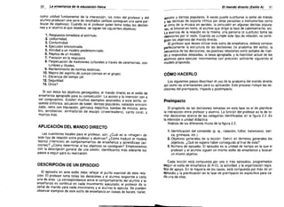 30

La ensenanza-de .la educecion fisica
---- -_

como unidad fundamental de la interacci6n, los roles del protesor y del
alumno producen una serie de resultados (ambos consiguen una serie par.
ncuiar de objetivos). Cuando es el protesor quien toma todas las decisio­
nes y el alumno el que obedece, se logran los siguientes objetivos:
1. Respuesta inmediata al estimulo.
2. Unitormidad.
3. Contormidad.
4. Ejecuci6n sincronizada.
5. Atinidad a un modele predeterminado.
6. Replica de un modelo.
7. Precision en la respuesta.
B. Perpetuaci6n de tradiciones culturales a traves de ceremonias, cos­
tumbres y ritualss.
9. Mantenimiento de normas esteticas.
10. Mejora del espfritu de cuerpo (cornun en el grupo).
11. Eficiencla del tiempo util.
12. Seguridad.

13.0tros?

Si son estes los objetivos perseguidos, el mando directo es el estilo de
ensenanza apropiado para su consecuci6n. La acclon y la intenci6n van a
ser congruentes. Existen rnuchos ejemplos asociados a este estilo: or­
questa sint6nica, actuacion de ballet, danzas populares, natacion sincroni­
zada, remo con tripulacion, gimnasia deportlva, bandas de rnusica, aero­
bic, acrobacias, animadoras de equipo (cheerleaders), canto coral, y
muchos mas.

EI mando direc/o rEs/ilo A)__
31.
aerobic y danzas populares, A veces puede sustituirse la senal de rnando
y las tecnicas de soporte rltmico por otras personas 0 instrumentos como
el ritmo de la miJsica en aerobic, la percusion en algunas danzas popula­
res, el timonel en remo, el alumno que dirige la fase de calentarniento, etc.
La esencia de la relaci6n es la rnisrna, una persona (0 sustituto) toma las
deeisiones por el resto. Cuando se cumple esle tipo de relaci6n, se consi­
guen los objetivos del mando diracto.
EI protesor que desee utilizar este estilo de ensenanza, debera conocer
perfectamente la estructura de las decisiones (Ia anatomia del estilo), la
secuencia de las decisiones, las posibles relaciones entre senates de man­
do y respuestas deseadas, la tarea apropiada, y ta habilidad actual de los
alumnos para ejecutar movimientos con precisi6n suticlente siguiendo el
modele propuesto.

COMO HACERLO
Los siguientes pasos describen el uso de la anatomia del mando directo
asi como las orientaciones para su aplicaci6n. Este proceso incluye las de­
cisiones del preimpacto, impacto y postimpacto.

Preimpacto
EI proposito de las decisiones tomadas en esta fase es el de planiticar
la interacci6n entre protssor y alumno. La tunci6n del protesor es fa de to­
mar decisiones acerca de las categorias identificadas en la figura 2.2. Es
la intenci6n 0 unidad didactica.
Anausts de los diferentes titulos de la tigura 2.2.

APLICACION DEL MANDO DIRECTO
Las cuestiones tocales para el protesor, son: i,Cual es la «imagen» de
esle tipo de relaci6n entre profesor y alumnos? i,C6mo traducir el modelo
te6rico (intenci6n) en comportamientos de ensenanza y aprendizaje (ac­
clones)? i,C6mo determinar si los objetlvos se consiguen? Empezaremos
con la descripci6n general de una sesi6n, identificando mas adelante los
pasos a seguir para su realizaci6n.

DESCRIPCION DE UN EPISODIO
EI episodio en este estilo debe retlejar el punto esencial de esta rela­
ci6n: EI protesor toma todas las decisiones y el alumno responde a cada
una de elias. La correspondencia entre el comportamienlo del alumno y la
ensenanza es continua en cada movimiento ejecutado; el protesor da la
senal de mando para cada movimiento y el alumno 10 ejecula. Se pueden
observar ejemplos de este estilo de ensenanza en clases de karate, ballet,

1. Identificaci6n del contenido (p, ej., nataci6n, tutbol, baloncesto, dan­
za, gimnasia, etc.).
2.0bjetivos	 generales de la lecci6n. Detinir en tsrmmos generales los
objetivos. i,Que se espera haber conseguido al final de esta?
3. Nurnero de episodio. EI episodio es la unidad de tiempo en la que el
protesor y eJ alumno siguen un mismo estilo de enseiianza y buscan
un mismo objetivo.
Gada lecci6n esta compuesta por uno 0 mas episodios, programados
segun el estilo de ensenanza (E-A·O), la actividad, y la organizaci6n logIs­
lica de apoyo. En ta mayoria de los casos, esta compuesta por mas de un
episodio y la planiticaci6n en la fase de preimpacto es especitica para ca­
da una de elias.

 