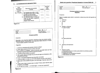 Estilo de la práctica. Enseñanza basada en la. tarea (Estilo B)

71

70
Fase,

Secuencias,

Cuentas

I

Descripción de los pasos
(Tareas)

Fase IV
Seco 4 Cuenta 1
2

Logrado

Píe izquierdo-paso atrás un paso.
Pie derecho-paso atrás un paso
paralelo con píe izquierdO
3 Pie izquierdo·paso en posición.
4 Pie derecho· elevar Y tocar el
suelo con los dedos, arqueando
el pie izquierdo.
I Repetir orden anterior.

Nombre
Clase
Fecha

Necesita
más
tiempo

®

Estilo
C D
Ficha de tarea nº

-

-­

- ­­
-

-­

-­

Al alumno:

-­

-­

Según el capítulo sobre shock o conmoción, rellena los puntos del siguiente es
quema:

Primeros auxilios en un shock
Esquema

l.

11.

Definición
Causas

A.
B.
C.

Figura 3.13
111.

Nombre
Clase
Fecha

_
_
_

®

_

Estilo
C D
Ficha de tarea nº
Tiempo empleado - ­

Primeros auxilios
Al alumno:

Responde a las preguntas siguientes utilizando tu libro de primeros auxilios.
Responde directa y sucintamente. Las respuestas deben basarse en hechos
-no se te pide tu opinión en esta tarea.

Señales y sinlomas
A. Fases iniciales
1.
2.

3

4.
5.
6.
7.
8.
B. Fases posteriores
1.
2.
3.
4.

Preguntas:

IV.

1. ¿Cuál es la importancia de estudiar primeros auxilios?
2. ¿Quién debe estudiar primeros auxilios y por qué?
3. Sin considerar el accidente, ¿qué es lo primero que debe hacer por la(s)
víctima(s) la persona que presta los primeros auxilios?

V.

4. ¿Cuándo se llama herida a una lesión?
5. ¿Son iguales todas las heridas? Da una lista de algunas semejanzas Y dife·
rencias en las heridas.
6. Anota 10 situaciones diferentes que describan una herida.
7. ¿Cómo se sabe si un daño es una herida después de pasar cierto tiempo?
8. Indica dos formas posibles de parar una hemorragia. Describe cada proce·

Figura 3.15

Objetivos del tratamiento

A
B.
C.
Primeros auxilios

A. Pasos para prevenir el shock y para prestar los primeros auxilios
B. Posición del cuerpo
C. Regulación de la temperatura corporal
D. Administración de líquidos

so.
9. ¿Qué función tiene la sangre para el cuerpo? Anota cuatro factores sobre
la sangre y su finalidad.
10. ¿Por qué es la sangre -y la hemorragia- un tema tan importante?
Figura 3.14

--"".,'

 