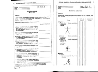 Estilo de la práctica. Enseflanza basada en la tarea (Estilo

La enseflanza _ _educación físíca c . = = - - - - - - - - - ­
_ de la . - = c = = -

72

Nombre
Clase
Fecha

_
_

Nombre
Clase
Fecha

Estilo @ C D
Ficha de tarea nº - ­

_
_

Bl

EstiloA@CD
Ficha de tareas nº _ _

Movimientos de desarrollo

Respiración artificial'
Boca a boca

Al alumno:

Practica cada tarea del siguiente programa. Marca una cruz al lado de cada
tarea ejecufada.

Afalumno:

Tu tarea consiste en practicar los siguientes procedimientos paso a paso has­
ta llegar a realizar todas las fases sin dudas. Dispones de _
minutos para
esta tarea. Te proporcionaré feedback.

Fecha de
práctica

Tareas

A. Agilidad
1. Saltos altos
con piernas

Respiración de salvamento boca a boca o boca a nariz
Feedback del profesor

abiertas.
1. Coloca inmediatamente a la victima de espal­
das. No pierdas tiempo trasladándola a otro lu­
gar mejor, aflojando su ropa o extrayendo agua
de los pulmones.

'

2. Despeia rápidamente la boca y la garganta.
Aparta mocos Yotras obstrucciones.

1Oveces consecutivas

/
+
"

"
2. Brincos
encogiendo
las rodillas.
3. Repite nº 1
con giros de
90' cada vez
que toques
el suelo.

3. Inclinale la cabeza hacia atrás todo lo posible.
La cabeza debe quedar con la barbilla levantada
y el cuello estirado.
4. Eleva hacia adelante la mandibula inferior. Aga­
rra la mandibula colocando el pulgar en la comi­
sura de la boca. No sujetes ni aprietes la lengua.

5. Pinza y cierra la nariz o la boca para evitar el es­
cape de aire.

'

10 veces consecutivas
10 veces consecutivas

4'=


6. Abre ampliamente tu boca y suelta aire. Haz una
inspiración profunda y sopla con fuerza en la bo­
ca o la nariz hasta que veas se eleva el pecho. u

,,"

B. Fuerza

7. Escucha la espiración. Aparta rápidamente tu
boca cuando se eleve el pecho. Levanta más la
mandlbula si la víctima hace ruidos de gorgoteos
o ronquidos.

1. Piernas

a. Flexiones laterales de piernas
20 veces.

/~


8. Repite los pasos 6 y 7 de 12 a 20 veces por mi­
nuto. Continúa hasta que la víctima empiece a
respirar normalmente.
~ Compruebe cuál es la técnica más actual en el manual oficial de la Cruz Roja.
Si la víctima es un nino, abarque a la vez la nariz y la boca con su propia boca.
_ Utilice las fotografías de los libros de primeros auxilios.

"*

Figura 3.16

t


Feedback del
profesor

73

 
