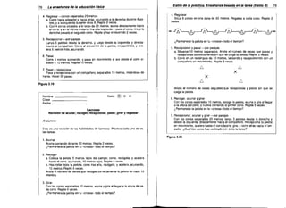 7B

La enseñanza de la educa",c",i~ó"nc:t"is::i=ca=-	

._ _

4. Regatear ---conos separados 25 metros
a. Corre hacia adelante y hacia atrás, acunando a la derecha durante 8 pa­
sos, y a la izquierda durante otros 8. Repite 2 veces.
b. Con 4 conos situados a lo largo de 25 metros, acuna directamente hacia
el cono, y en el último instante tira a la izquierda y pasa el cono, tira a la
derecha pasado el segundo cono. Repite y haz el recorrido 2 veces.
5.	 Recepcionar ---por parejas
Lanza 5 pelotas desde la derecha. y luego desde la izquierda, y directa·
mente al compañero. Corre al encuentro de la pelota, recepciónala, y ace­
lera 5 metros más, acunando.
6.	 Pasar
Corre 5 metros acunando, y pasa en movimiento al aro desde el cono si­
tuado a 10 metros. Repite 10 veces.

Estilo de la prácti..c.a. Enseñanza basada en la tarea (Estilo B)
4. Regatear
Sitúa 8 conos en una zona de 50 metros. Regatea a cada cono. Repite 2
veces.

_JI',

5. Recepcionar y pasar -por parejas
a. Situarse 10 metros separados. Anota el número de veces que pasas	 y
recepcionas sucesivamente sin que se caiga la pelota. Repite 3 Veces.
b. Corre en un rectángulo de 10 metros, lanzando y recepcionando con un
compañero en movimiento. Repite 3 veces.

6.	

Fecha	

6.
X
X

6.	

Figura 3.19

~~'e

6

6

¿Permanece la pelota en tu «crasse" todo el tiempo?

7. Pasar y recepcionar
Pasa y recepciona con un compañero, separados 10 metros, mirándose de
frente. Hacer 30 pases.

I	

6

6.

Anota el número de veces seguidas que recepcionas y pasas sin que se
caiga la pelota.
Estilo

_

®

C

D

_
Lacrosse

Revisión de acunar, recoger, recepcionar, pasar, girar y regatear
AJaJumno:
Esto es una revisión de las habilidades de lacrosse. Practica cada una de es­
tas tareas.

6. Recoger, acunar y girar
Con los conos separados 10 metros, recoge la pelota, acuna y gira al llegar
a la altura del cono, y vuelve corriendo al primer cono. Repite 5 veces.
¿Permanece la pelota en tu «crosse" todo el tiempo?
7. Recepcionar, acunar y girar ---por parejas
Con los conos separados 20 metros, lanza 3 pelotas desde la derecha y
desde la izquierda, directamente hacia el compañero. Recepciona la pelota
en movimiento, acelera hasta el cono lejano, gira, y corre atrás hacia el lan­
zador. ¿Cuántas veces has realizado con éxito la tarea?
Figura 3.20

1. Acunar

Acuna corriendo durante 50 metros. Repite 2 veces.

¿Permanece la pelota en tu "crosse" todo el tiempo?

2. Recoger
a. Coloca la pelota 5 metros lejos del campo; corre, recógela,	 y acelera
hasta el cono, acunando, 10 metros lejos. Repite 5 veces.
b. Haz rodar lejos la pelota; corre tras ella, recógela, y acelera, acunando,
10 metros. Repite 5 veces.
Anota el número de veces que recoges correctamente la pelota de cada 10
intentos.
3.	 Girar
Con los conos separados 10 metros, acuna y gira al llegar a la altura de ca­
da cono. Repite 5 veces.
¿Permanece la pelota en tu "crasse" todo el tiempo?

79

 