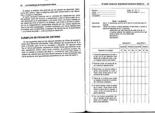 98

El estilo reciproco. Enseñanza recíproca (Estilo C)

La ense/lanza de la educación Ilsica

Si desea un análisis más profundo de los canales de desarrolio, selec­
cione otro criterio, haga la pregunta adecuada concerniente a ias relacio­

©

Nombre
Clase
Fecha
Compañero

nes, y busque la respuesta.
El estilo recíproco continúa con el "proceso de independencia" tanto
del profesor como del alumno, y proporciona a éste la oportunidad de to­
mar decisiones en el postimpacto, Y por tanto crear una nueva realidad en
las relaciones entre el alumno y el profesor, que invita al primero a partici­
par en la independencia responsable ofrecida por ias nuevas decisiones
que le han sido traspasadas. También constituye una nueva realidad para
el profesor que ha aprendido a traspasar las decisiones en el postimpacto
-una fuente de poder- a los alumnos en desarrollo.

Ejecutante.
Observador:

EJEMPLOS DE FICHAS DE CRITERIO
En las siguientes páginas hay algunos ejemplos de fichas de tareas/cri­
terios para diferentes actividades. Cabe destacar las variaciones en el di·
seña y formato, pero no en su concepto y utilización. En algunos casos
hay un tercer participante, necesario en tareas físicas para devolver ia pe­
lota, recepcionar, lanzar, servir como «víctima.. en primeros auxilios, etc.
Esto no cambia el proceso del estilo C, únicamente hace falta añadir un
sistema de rotación para que esta tercera persona no sea encasiliada sólo
como ayudante, sino que participe activamente en los roles del estilo C.

99

Estilo B
D
Ficha de tareas n9

__

Tenis - el servicio
Servir 10 pelotas por encima de a red en la zona de saque jz·
quierda.
Utilizar los criterios. ofrecer feedback al ejecutante, y anotar la
ejecución después de los 1Oservicios.
Intercambio de roles después de cada serie de 10.
¿Cuántas pelotas han pasado por encima de la red
yendo a parar a la zona adecuada?
ejecutante 1
ejecutante 2
ejecutante 1

ejecutante 2

Izquierda Derecha Izquierda Derecha
Aspectos a conseguir

Sí

No

Si

No

Si

No

1. Colocarse ligeramente de lado a
la red, con el pie delantero justo
detrás de la linea de fondo, y pe·
so cargado sobre el pie trasero.
2. Posición inicial, con presa de dri·
ve, y pelota y raqueta juntas.
3. Balancear la raqueta abajo y
atrás, extendiendo la mano y
brazo hacia arriba para el «lan­
zamiento de la pelota).

4. Flexionar la muñeca que sujeta
la raqueta simulando la posición
de (,rascarse a espalda".

;i;:/

5. Al mismo tiempo, soltar la pelota
de la mano, recta hacia arriba
hasta la altura de la raqueta, a
unos 15-20 cm delante de la
pierna delantera.
6. Con los brazos extendidos, Ile·
var la raqueta arriba para con­

tactar con la pelota. Cambio de
peso al pie delantero.

I


Si

No

 