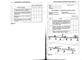 112

El estilo reciproco. Enseñanza reciproca (Estilo

La enseñanza de la educación fisica
ejecutante 1 ejecutante 2

Aspectos a conseguir

si

no

sí

no

Nombre
Clase
Fecha

_
_

_


Estilo B

©

el

113

D


Compañero


1. De pie y de lado sobre la colchoneta. Dar
una patada hacia arriba con una pierna.

2. colocar la pierna levantada hacía adelante,
cargando el peso en la mano próxima y luego en la otra.

8arra de equilibrio ­

vollerela hacia atrás sobre el hombro
Roles del estilo C.

Ayudar según la demostración previa.


Ejecutante y Observador:

Ayudante:


Rotar cada cinco volteretas.


3. Mantener los brazos rectos a la distancia de

feedback de o a:

los hombros.
4. Separar las piernas en el aire, y contactar

El

Criterios

Fase

con la colchoneta primero con un pie y luego
con el otro.

E2 I E3

En posición supina sobre la barra, dejar caer
la cabeza a un lado de ésta. Sujetarse a la ba­
rra con agarre mixto -la mano del lado de la
cabeza sujetando la parte superior de la ba­
rra, y la otra la inferior.

Figure 4.17

2

Flexionar las caderas y, en una sola acción,
llevar las piernas por encima de la cabeza
hasta que los dedos de los pies toquen la par­
te superior de la barra.

3

c:.

Doblar una rodilla y empujar hacia arriba, ter­
minando en equilibrio sobre una rodilla.

A

"'>i< ') ~

:

3

Figura 4.18

j]

 