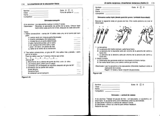 11 ~
A

El estilo recíproco. Enseñanza reciproca (Estilo e)

La enseñanza de la educación física

Nombre
Clase
Fecha

_
_
_

Nombre
Clase
F.echa

©

D
Estilo B
Ficha de tareas n" _ _

_
_

_


Estilo B

©

115

D


Compañero


Compañero

Gimnasia-vuelta triple (desde posición prono: tumbado boca abajo)
Glmnasia-trampolln

Ejecutar la siguiente tarea en grupos de tres. Una cuarta persona va a ser el
observador.

A los alumnos: Los ejecutantes realizan la tarea 3 veces.
Observador:
Recordar al ejecutante las partes de la tarea. Ofrecer feed­
back sobre cada punto de la lista, después de cada ejecución.

a

b

b

e

Tarea:
1. Saltos consecutivos -series de 10 saltos cada una, en el centro del tram­
polin.
a. cuerpo recto (sin ninguna parte flexionada)
b. brazos controlados (sin balanceos)
c. mirada fija en un punto determinado
d. pies marcando puntas (ien el aire!)
e. sin vacilaciones entre salto y salto

1. parar «en seco» sin pasos de más
g. saltar en el centro de la colchoneta
2. Tres saltos consecutivos, un giro de 90°, tres saltos mas y parada -siem­
pre en el centro.


Para los saltos usar los 7 mismos criterios que antes.

a_b_c_d_e_f_g_

Giro de 90'
a. Movimiento de la cabeza del punto de mira ((uno» al "dos"

b. Los brazos giran juntos con el cuerpo
c. Contactar con el trampolin en equilibrio después del giro de 90°
d. Alineación de las partes del cuerpo
Antes del giro
Durante el giro
Al contactar con el trampolin

l

~t

~

I

1. La secuencia
A. La persona del medio siempre rueda hacia fuera.
B. La persona de la izquierda salta por encima de la persona del centro y
hacia ella.
C. La persona de la derecha salta por encima de la persona del centro y
hacia ella.
2. Ritmo correcto
A. Solamente dos personas están en movimiento al mismo tiempo.
8. Se rueda hacia fuera y se vuelve a entrar por encima.
Observador: Leer la secuencia a los ejecutantes ofreciendo feedback sobre la
realización de la tarea.
Repetir 10 veces y hacer rotación de posiciones.

Figura 4.20

Figura 4.19

Nombre
Clase
Fecha

_
_
_

Estiio B

©

D

Compañero
Gimnasia ­

vertical de cabeza

A los alumnos: Trabajar en grupos de tres ---{jn ejecutante, un ayudante y un

observador. El ayudante toma como referencia la técnica demostrada.

El ejecutante: Practicar la vertical de cabeza 5 veces.

El observador: Utilizar los criterios para ofrecer feedback.

Rotación de roles.


 