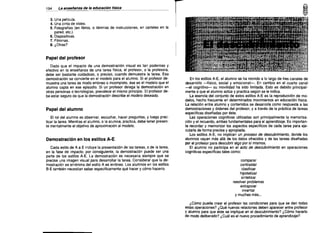 194

8

La enseflanza de /a educación física

3. Una película.
4. Una cinta de vídeo.
5. Fotografías (en libros. o láminas de instrucciones, en carteles en la
pared, etc.).
6. Diapositivas.
7. Filminas.
8. ¿Otras?

EL DESCUBRIMIENTO

Papel del profesor
Dado que el impacto de una demostración visual es tan poderoso y
efectivo en la enseñanza de una tarea física, el profesor, o la profesora,
debe ser bastante cuidadoso, o preciso, cuando demuestre la tarea. Esa
demostración se convierte en el modelo para el alumno. Si el profesor de·
muestra una tarea de modo erróneo o incompleto, ése es el modelo que el
alumno capta en ese episodio. Si un profesor delega la demostración en
otras personas o tecnologías, prevalece el mismo principio. El profesor de­
be estar seguro de que la demostración describe el modelo deseado.

Papel del alumno
El rol del alumno es observar, escuchar, hacer preguntas, y luego prac­
ticar la tarea. Mientras el alumno, o la alumna, practica, debe tener presen­
te mentalmente el objetivo de aproximación al modelo.

Demostración en los estilos A-E
Cada estilo de A a E incluye la presentación de las tareas, o de la tarea,
en la fase de impacto; por consiguiente, la demostración puede ser una
parte de los estilos A-E. La demostración es necesaria siempre que se
precise una imagen visual para desarrollar la tarea. Considerar que la de­
mostración es sinónima del estilo A es erróneo. Los alumnos en los estilos
S-E también necesitan saber especificamente qué hacer y cómo hacerlo.

En los estilos A-E, el alumno se ha movido a lo largo de tres canales de
desarrollo -físico, social y emocional-. En cambio en el cuarto canal
~I cognitiva-- su movilidad ha sido limitada. Esto es debido principal­
mente a que el alumno actúa y practica según se le indica.
La esencia del conjunto de estos estilos A-E es la reproducción de mo­
delos, hecho frecuente en determinados movimientos en educación física.
La relación entre alumno y contenidos se desarrolla como respuesta a las
demostracioRes y órdenes del profesor, y a través de la práctica de tareas
específicas diseñadas por éste.
Las operaciones cognitivas utilizadas son principalmente la memoriza­
ción yel recuerdo, ambas fundamentales para el aprendizaje. Es importan­
te recordar y memorizar los aspectos específicos de cada tarea para eje­
cutarla de forma precisa y apropiada.
Los estilos A-E, no implican un proceso de descubrimiento, donde los
alumnos vayan más allá de los datos ofrecidos y de las tareas diseñadas
por el profesor para descubrir algo por sí mismos.
El alumno no participa en el acto de descubrimiento en operaciones
cognitivas especificas tales como:
comparar

contrastar

clasificar

hipotetizar

sintetizar

resolver problemas

extrapolar

inventar

y muchas más...

¿Cómo puede crear el profesor las condiciones para que se den todas
estas operaciones? ¿Qué nuevas relaciones deben aparecer entre profesor
y alumno para que éste se implique en el descubrimiento? ¿Cómo hacerlo
de modo deliberado? ¿Cuál es el nuevo procedimiento de aprendizaje?

 