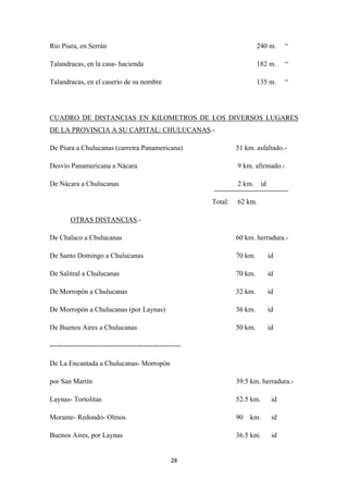 28
Río Piura, en Serrán 240 m. “
Talandracas, en la casa- hacienda 182 m. “
Talandracas, en el caserío de su nombre 135 m. “
CUADRO DE DISTANCIAS EN KILOMETROS DE LOS DIVERSOS LUGARES
DE LA PROVINCIA A SU CAPITAL: CHULUCANAS
De Piura a Chulucanas (carretra Panamericana) 51 km. asfaltado.-
.-
Desvío Panamericana a Nácara 9 km. afirmado.-
De Nácara a Chulucanas 2 km. id
Total: 62 km.
OTRAS DISTANCIAS
De Chalaco a Chulucanas 60 km. herradura.-
.-
De Santo Domingo a Chulucanas 70 km. id
De Salitral a Chulucanas 70 km. id
De Morropón a Chulucanas 32 km. id
De Morropón a Chulucanas (por Laynas) 36 km. id
De Buenos Aires a Chulucanas 50 km. id
--------------------------------------------------------
De La Encantada a Chulucanas- Morropón
por San Martín 39.5 km. herradura.-
Laynas- Tortolitas 52.5 km. id
Morante- Redondo- Olmos 90 km. id
Buenos Aires, por Laynas 36.5 km. id
 
