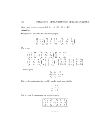 150 CAP´ITULO 6. DIAGONALIZACI ´ON DE ENDOMORFISMOS
tiene como vectores propios (1, 0, 1), (−1, 1, 0) y (0, 1, −1)?
Soluci´on:
Obliguemos a que estos vectores sean propios


1 a d
2 b e
3 c f




1 −1 0
0 1 1
1 0 −1

 =


λ1 −λ2 0
0 λ2 λ3
λ1 0 −λ3


Por lo que


1 a d
2 b e
3 c f

 =


λ1 −λ2 0
0 λ2 λ3
λ1 0 −λ3




1 −1 0
0 1 1
1 0 −1


−1
=


λ1 −λ2 0
0 λ2 λ3
λ1 0 −λ3




1
2
1
2
1
2
−1
2
1
2
1
2
1
2
1
2
−1
2

 =


λ1
2
+ λ2
2
λ1
2
− λ2
2
λ1
2
− λ2
2
−λ2
2
+ λ3
2
λ2
2
+ λ3
2
λ2
2
− λ3
2
λ1
2
− λ3
2
λ1
2
− λ3
2
λ1
2
+ λ3
2


Tenemos pues
λ1 + λ2 = 2
−λ2 + λ3 = 4
λ1 − λ3 = 6



Esto es, los valores propios posibles son los siguientes relaci´on:
λ1 = 6
λ2 = −4
λ3 = 0
Por lo tanto, los valores de los par´ametros son:


1 a d
2 b e
3 c f

 =


1 5 5
2 −2 −2
3 3 3


— — —
 