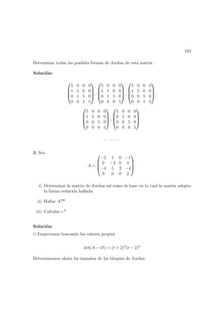 183
Determinar todas las posibles formas de Jordan de esta matriz.
Soluci´on:




5 0 0 0
1 5 0 0
0 1 5 0
0 0 1 5



 ,




5 0 0 0
1 5 0 0
0 1 5 0
0 0 0 5



 ,




5 0 0 0
1 5 0 0
0 0 5 0
0 0 1 5



 ,




5 0 0 0
1 5 0 0
0 0 5 0
0 0 0 5



 ,




5 0 0 0
0 5 0 0
0 0 5 0
0 0 0 5



 .
— — —
3. Sea
A =




−2 1 0 −1
0 −2 0 4
−4 5 2 −4
0 0 0 2



 .
i) Determinar la matriz de Jordan as´ı como la base en la cual la matriz adopta
la forma reducida hallada.
ii) Hallar A100
iii) Calcular eA
Soluci´on:
i) Empecemos buscando los valores propios
det(A − tI) = (t + 2)2
(t − 2)2
Determinemos ahora los tama˜nos de los bloques de Jordan.
 