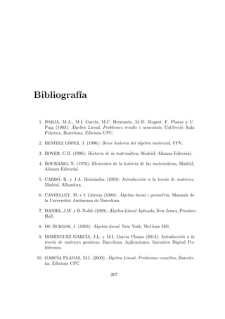 Bibliograf´ıa
1. BARJA, M.A., M.I. Garc´ıa, M.C. Hernando, M. D. Magret, F. Planas y C.
Puig (1993): `Algebra Lineal. Problemes resolts i comentats, Col·lecci´o Aula
Pr`actica, Barcelona, Edicions UPC.
2. BEN´ITEZ L´OPEZ, J. (1996): Breve historia del ´algebra matricial, UPV.
3. BOYER, C.B. (1996): Historia de la matem`atica, Madrid, Alianza Editorial.
4. BOURBAKI, N. (1976): Elementos de la historia de las matem´aticas, Madrid,
Alianza Editorial.
5. CARB´O, R. y J.A. Hern´andez (1983): Introducci´on a la teor´ıa de matrices,
Madrid, Alhambra.
6. CASTELLET, M. e I. Llerena (1988): `Algebra lineal i geometria, Manuals de
la Universitat Aut`onoma de Barcelona.
7. DANIEL, J.W. y B. Noble (1989): ´Algebra Lineal Aplicada, New Jersey, Prentice-
Hall.
8. DE BURGOS, J. (1993): ´Algebra lineal, New York, McGraw Hill.
9. DOM´INGUEZ GARC´IA, J.L. y M.I. Garc´ıa Planas (2013): Introducci´on a la
teor´ıa de matrices positivas, Barcelona, Aplicaciones. Iniciativa Digital Po-
lit`ecnica.
10. GARC´IA PLANAS, M.I. (2000): ´Algebra Lineal. Problemas resueltos, Barcelo-
na, Edicions UPC.
207
 