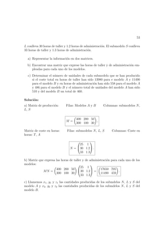 53
L conlleva 30 horas de taller y 1.2 horas de administraci´on. El submodelo S conlleva
33 horas de taller y 1.3 horas de administraci´on.
a) Representar la informaci´on en dos matrices.
b) Encontrar una matriz que exprese las horas de taller y de administraci´on em-
pleadas para cada uno de los modelos.
c) Determinar el n´umero de unidades de cada submodelo que se han producido
si el coste total en horas de taller han sido 13980 para e modelo A y 11490
para el modelo B y en horas de administraci´on han sido 558 para el modelo A
y 486 para el modelo B y el n´umero total de unidades del modelo A han sido
510 y del modelo B un total de 460.
Soluci´on:
a) Matriz de producci´on: Filas: Modelos A y B Columnas: submodelos N,
L, S
M =
400 200 50
300 100 30
,
Matriz de coste en horas: Filas: submodelos N, L, S Columnas: Coste en
horas: T, A
N =


25 1
30 1·2
33 1·3

 .
b) Matriz que expresa las horas de taller y de administraci´on para cada uno de los
modelos:
MN =
400 200 50
300 100 30


25 1
30 1·2
33 1·3

 =
17650 705
11490 459
.
c) Llamemos x1, y1 y z1 las cantidades producidas de los submdelos N, L y S del
modelo A y x2, y2 y z2 las cantidades producidas de los submdelos N, L y S del
modelo B.
 