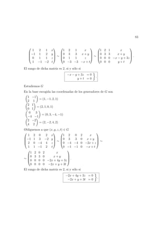 83




1 2 1 x
−1 1 2 y
0 1 1 z
1 −1 −2 t



 ∼




1 2 1 x
0 3 3 x + y
0 1 1 z
0 −3 −3 −x + t



 ∼




1 2 1 x
0 3 3 x + y
0 0 0 −x − y + 3z
0 0 0 y + t



 .
El rango de dicha matriz es 2, si y s´olo si
−x − y + 3z = 0
y + t = 0
.
Estudiemos G
En la base escogida las coordenadas de los generadores de G son
1 −1
2 1
= (1, −1, 2, 1)
2 1
0 1
= (2, 1, 0, 1)
0 3
−4 −1
= (0, 3, −4, −1)
2 −2
4 2
= (2, −2, 4, 2)
Obliguemos a que (x, y, z, t) ∈ G




1 2 0 2 x
−1 1 3 −2 y
2 0 −4 4 z
1 1 −1 2 t



 ∼




1 2 0 2 x
0 3 3 0 x + y
0 −4 −4 0 −2x + z
0 −1 −1 0 −x + t



 ∼
∼




1 2 0 2 x
0 3 3 0 x + y
0 0 0 0 −2x + 4y + 3z
0 0 0 0 −2x + y + 3t



 .
El rango de dicha matriz es 2, si y s´olo si
−2x + 4y + 3z = 0
−2x + y + 3t = 0
.
 