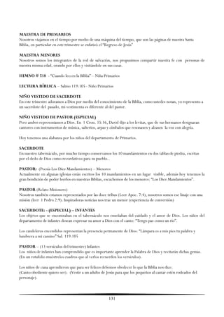 MAESTRA DE PRIMARIOS
Nosotros viajamos en el tiempo por medio de una máquina del tiempo, que son las páginas de nuestra Santa
Biblia, en particular en este trimestre se enfatizó el ―Regreso de Jesús‖

MAESTRA MENORES
Nosotros somos los integrantes de la red de salvación, nos propusimos compartir nuestra fe con personas de
nuestra misma edad, orando por ellos y visitándole en sus casas.

HIMNO # 518 - ―Cuando leo en la Biblia‖ – Niña Primarios

LECTURA BÍBLICA – Salmo 119:105 - Niño Primarios

NIÑO VESTIDO DE SACERDOTE
En este trimestre adoramos a Dios por medio del conocimiento de la Biblia, como ustedes notan, yo represento a
un sacerdote del pasado, mi vestimenta es diferente al del pastor.

NIÑO VESTIDO DE PASTOR (ESPECIAL)
Pero ambos representamos a Dios. En 1 Cron. 15:16, David dijo a los levitas, que de sus hermanos designaran
cantores con instrumentos de música, salterios, arpas y címbalos que resonasen y alzasen la voz con alegría.

Hoy tenemos una alabanza por los niños del departamento de Primarios.

SACERDOTE
En nuestro tabernáculo, por mucho tiempo conservamos los 10 mandamientos en dos tablas de piedra, escritas
por el dedo de Dios como recordativos para su pueblo..

PASTOR: (Poesía Los Diez Mandamientos) – Menores
Actualmente en algunas iglesias están escritos los 10 mandamientos en un lugar visible, además hoy tenemos la
gran bendición de poder leerlos en nuestras Biblias, escuchemos de los menores: ―Los Diez Mandamientos‖.

PASTOR (Relato Misionero)
Nosotros también estamos representados por las doce tribus (Leer Apoc. 7:4), nosotros somos ese linaje con una
misión (leer 1 Pedro 2:9). Inspiradoras noticias nos trae un menor (experiencia de conversión)

SACERDOTE: - (ESPECIAL) – INFANTES
Los objetos que se encontraban en el tabernáculo nos enseñaban del cuidado y el amor de Dios. Los niños del
departamento de infantes desean expresar su amor a Dios con el canto: ―Tengo paz como un río‖.

Los candeleros encendidos representan la presencia permanente de Dios: ―Lámpara es a mis pies tu palabra y
lumbrera a mi camino‖ Sal. 119:105

PASTOR – (13 versículos del trimestre) Infantes
Los niños de infantes han comprendido que es importante aprender la Palabra de Dios y recitarán dichas gemas.
(En un rotafolio muéstreles cuadros que al verlos recuerden los versículos).

Los niños de cuna aprendieron que para ser felices debemos obedecer lo que la Biblia nos dice:
(Canto obediente quiero ser). (Vestir a un adulto de Jesús para que los pequeños al cantar estén rodeados del
personaje).



                                                      131
 