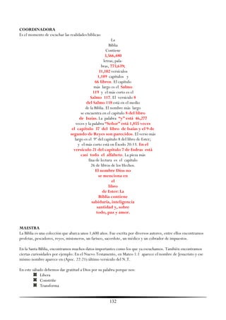 COORDINADORA
Es el momento de escuchar las realidades bíblicas:
                                                          La
                                                         Biblia
                                                       Contiene
                                                      3,566,480
                                                     letras; pala-
                                                    bras, 773,639;
                                                  31,102 versículos
                                                 1,189 capítulos y
                                               66 libros. El capítulo
                                               más largo es el Salmo
                                              119 y el más corto es el
                                            Salmo 117. El versículo 8
                                          del Salmo 118 está en el medio
                                         de la Biblia. El nombre más largo
                                      se encuentra en el capítulo 8 del libro
                                     de Isaías. La palabra “y” está 46,277
                                   veces y la palabra “Señor” está 1,855 veces
                                el capítulo 37 del libro de Isaías y el 9 de
                               segundo de Reyes son parecidos. El verso más
                                  largo es el 9º del capítulo 8 del libro de Ester;
                                    y el más corto está en Ëxodo 20:13. En el
                                 versículo 21 del capítulo 7 de Esdras está
                                      casi todo el alfabeto. La pieza más
                                           fina de lectura es el capítulo
                                             26 de libros de los Hechos.
                                                El nombre Dios no
                                                  se menciona en
                                                           el
                                                        libro
                                                    de Ester: La
                                                  Biblia contiene
                                             sabiduría, inteligencia
                                                 santidad y, sobre
                                                todo, paz y amor.


MAESTRA
La Biblia es una colección que abarca unos 1,600 años. Fue escrita por diversos autores, entre ellos encontramos
profetas, pescadores, reyes, misioneros, un fariseo, sacerdote, un médico y un cobrador de impuestos.

En la Santa Biblia, encontramos muchos datos importantes como los que ya escuchamos. También encontramos
ciertas curiosidades por ejemplo: En el Nuevo Testamento, en Mateo 1:1 aparece el nombre de Jesucristo y ese
mismo nombre aparece en (Apoc. 22:21) último versículo del N.T.

En este sábado debemos dar gratitud a Dios por su palabra porque nos:
            Libera
            Constriñe
            Transforma


                                                      132
 