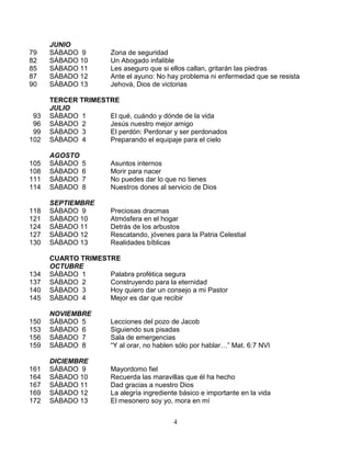 JUNIO
79    SÁBADO 9         Zona de seguridad
82    SÁBADO 10        Un Abogado infalible
85    SÁBADO 11        Les aseguro que si ellos callan, gritarán las piedras
87    SÁBADO 12        Ante el ayuno: No hay problema ni enfermedad que se resista
90    SÁBADO 13        Jehová, Dios de victorias

      TERCER TRIMESTRE
      JULIO
 93   SÁBADO 1      El qué, cuándo y dónde de la vida
 96   SÁBADO 2      Jesús nuestro mejor amigo
 99   SÁBADO 3      El perdón: Perdonar y ser perdonados
102   SÁBADO 4      Preparando el equipaje para el cielo

      AGOSTO
105   SÁBADO   5       Asuntos internos
108   SÁBADO   6       Morir para nacer
111   SÁBADO   7       No puedes dar lo que no tienes
114   SÁBADO   8       Nuestros dones al servicio de Dios

      SEPTIEMBRE
118   SÁBADO 9         Preciosas dracmas
121   SÁBADO 10        Atmósfera en el hogar
124   SÁBADO 11        Detrás de los arbustos
127   SÁBADO 12        Rescatando, jóvenes para la Patria Celestial
130   SÁBADO 13        Realidades bíblicas

      CUARTO TRIMESTRE
      OCTUBRE
134   SÁBADO 1      Palabra profética segura
137   SÁBADO 2      Construyendo para la eternidad
140   SÁBADO 3      Hoy quiero dar un consejo a mi Pastor
145   SÁBADO 4      Mejor es dar que recibir

      NOVIEMBRE
150   SÁBADO 5         Lecciones del pozo de Jacob
153   SÁBADO 6         Siguiendo sus pisadas
156   SÁBADO 7         Sala de emergencias
159   SÁBADO 8         “Y al orar, no hablen sólo por hablar…” Mat. 6:7 NVI

      DICIEMBRE
161   SÁBADO 9         Mayordomo fiel
164   SÁBADO 10        Recuerda las maravillas que él ha hecho
167   SÁBADO 11        Dad gracias a nuestro Dios
169   SÁBADO 12        La alegría ingrediente básico e importante en la vida
172   SÁBADO 13        El mesonero soy yo, mora en mí


                                           4
 