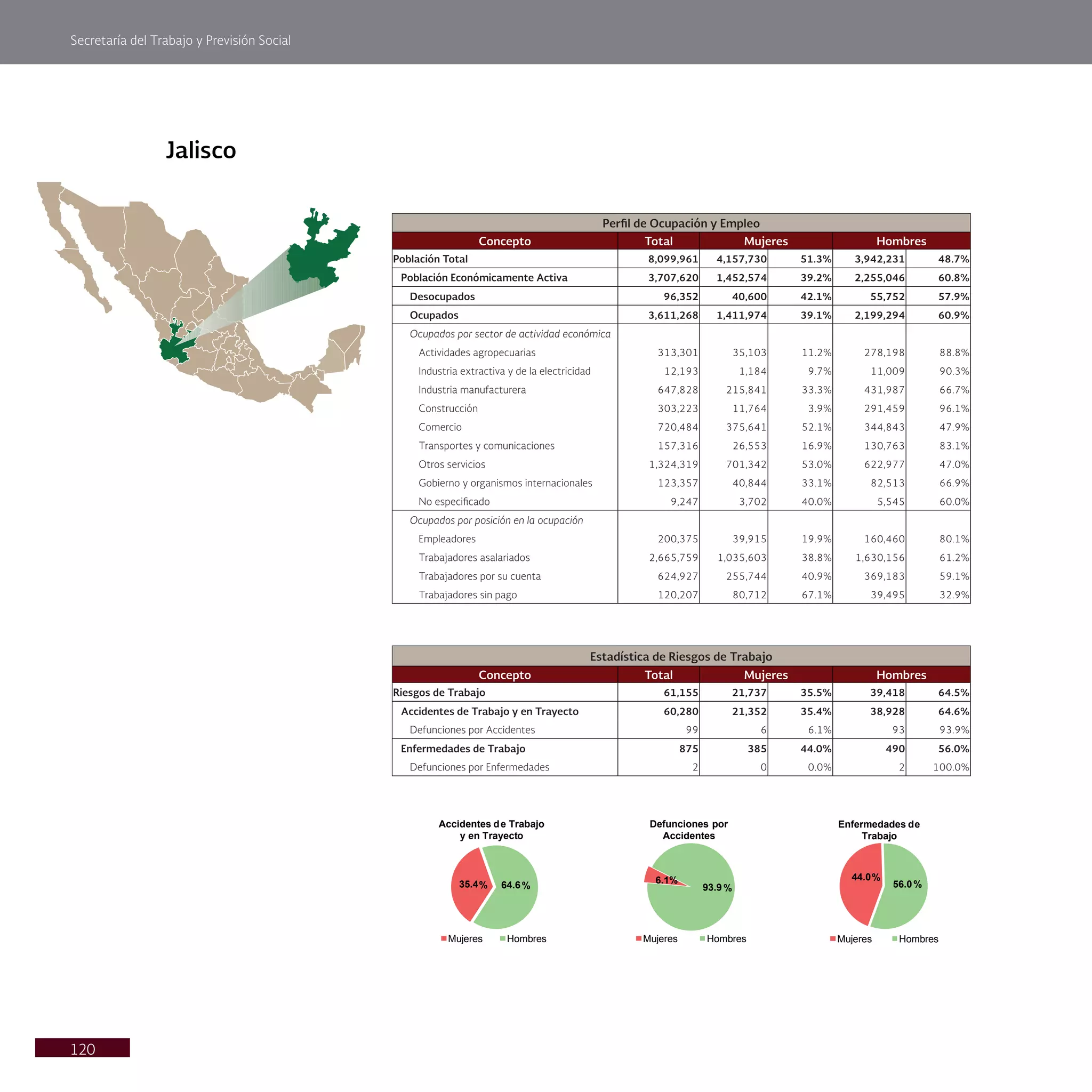 Secretaría del Trabajo y Previsión Social
120
Jalisco
Perfil de Ocupación y Empleo
Concepto Total Mujeres Hombres
Población Total 8,099,961 4,157,730 51.3% 3,942,231 48.7%
Población Económicamente Activa 3,707,620 1,452,574 39.2% 2,255,046 60.8%
Desocupados 96,352 40,600 42.1% 55,752 57.9%
Ocupados 3,611,268 1,411,974 39.1% 2,199,294 60.9%
Ocupados por sector de actividad económica
Actividades agropecuarias 313,301 35,103 11.2% 278,198 88.8%
Industria extractiva y de la electricidad 12,193 1,184 9.7% 11,009 90.3%
Industria manufacturera 647,828 215,841 33.3% 431,987 66.7%
Construcción 303,223 11,764 3.9% 291,459 96.1%
Comercio 720,484 375,641 52.1% 344,843 47.9%
Transportes y comunicaciones 157,316 26,553 16.9% 130,763 83.1%
Otros servicios 1,324,319 701,342 53.0% 622,977 47.0%
Gobierno y organismos internacionales 123,357 40,844 33.1% 82,513 66.9%
No especificado 9,247 3,702 40.0% 5,545 60.0%
Ocupados por posición en la ocupación
Empleadores 200,375 39,915 19.9% 160,460 80.1%
Trabajadores asalariados 2,665,759 1,035,603 38.8% 1,630,156 61.2%
Trabajadores por su cuenta 624,927 255,744 40.9% 369,183 59.1%
Trabajadores sin pago 120,207 80,712 67.1% 39,495 32.9%
Estadística de Riesgos de Trabajo
Concepto Total Mujeres Hombres
Riesgos de Trabajo 61,155 21,737 35.5% 39,418 64.5%
Accidentes de Trabajo y en Trayecto 60,280 21,352 35.4% 38,928 64.6%
Defunciones por Accidentes 99 6 6.1% 93 93.9%
Enfermedades de Trabajo 875 385 44.0% 490 56.0%
Defunciones por Enfermedades 2 0 0.0% 2 100.0%
35.4% 64.6%
Accidentes de Trabajo
y en Trayecto
Mujeres Hombres
6.1%
93.9 %
Defunciones por
Accidentes
Mujeres Hombres
44.0%
56.0%
Enfermedades de
Trabajo
Mujeres Hombres
 