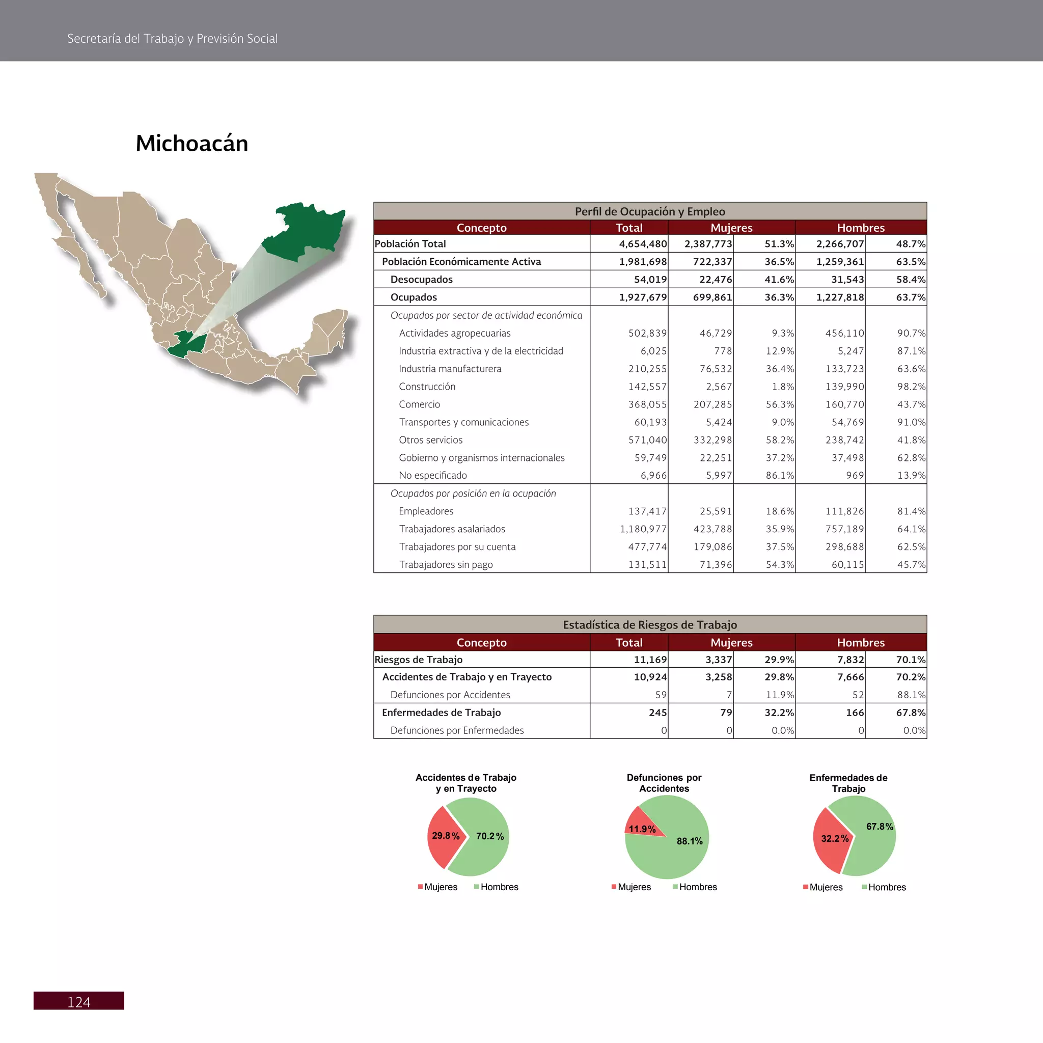 Secretaría del Trabajo y Previsión Social
124
Michoacán
Perfil de Ocupación y Empleo
Concepto Total Mujeres Hombres
Población Total 4,654,480 2,387,773 51.3% 2,266,707 48.7%
Población Económicamente Activa 1,981,698 722,337 36.5% 1,259,361 63.5%
Desocupados 54,019 22,476 41.6% 31,543 58.4%
Ocupados 1,927,679 699,861 36.3% 1,227,818 63.7%
Ocupados por sector de actividad económica
Actividades agropecuarias 502,839 46,729 9.3% 456,110 90.7%
Industria extractiva y de la electricidad 6,025 778 12.9% 5,247 87.1%
Industria manufacturera 210,255 76,532 36.4% 133,723 63.6%
Construcción 142,557 2,567 1.8% 139,990 98.2%
Comercio 368,055 207,285 56.3% 160,770 43.7%
Transportes y comunicaciones 60,193 5,424 9.0% 54,769 91.0%
Otros servicios 571,040 332,298 58.2% 238,742 41.8%
Gobierno y organismos internacionales 59,749 22,251 37.2% 37,498 62.8%
No especificado 6,966 5,997 86.1% 969 13.9%
Ocupados por posición en la ocupación
Empleadores 137,417 25,591 18.6% 111,826 81.4%
Trabajadores asalariados 1,180,977 423,788 35.9% 757,189 64.1%
Trabajadores por su cuenta 477,774 179,086 37.5% 298,688 62.5%
Trabajadores sin pago 131,511 71,396 54.3% 60,115 45.7%
Estadística de Riesgos de Trabajo
Concepto Total Mujeres Hombres
Riesgos de Trabajo 11,169 3,337 29.9% 7,832 70.1%
Accidentes de Trabajo y en Trayecto 10,924 3,258 29.8% 7,666 70.2%
Defunciones por Accidentes 59 7 11.9% 52 88.1%
Enfermedades de Trabajo 245 79 32.2% 166 67.8%
Defunciones por Enfermedades 0 0 0.0% 0 0.0%
29.8% 70.2%
Accidentes de Trabajo
y en Trayecto
Mujeres Hombres
11.9%
88.1%
Defunciones por
Accidentes
Mujeres Hombres
32.2%
67.8%
Enfermedades de
Trabajo
Mujeres Hombres
 