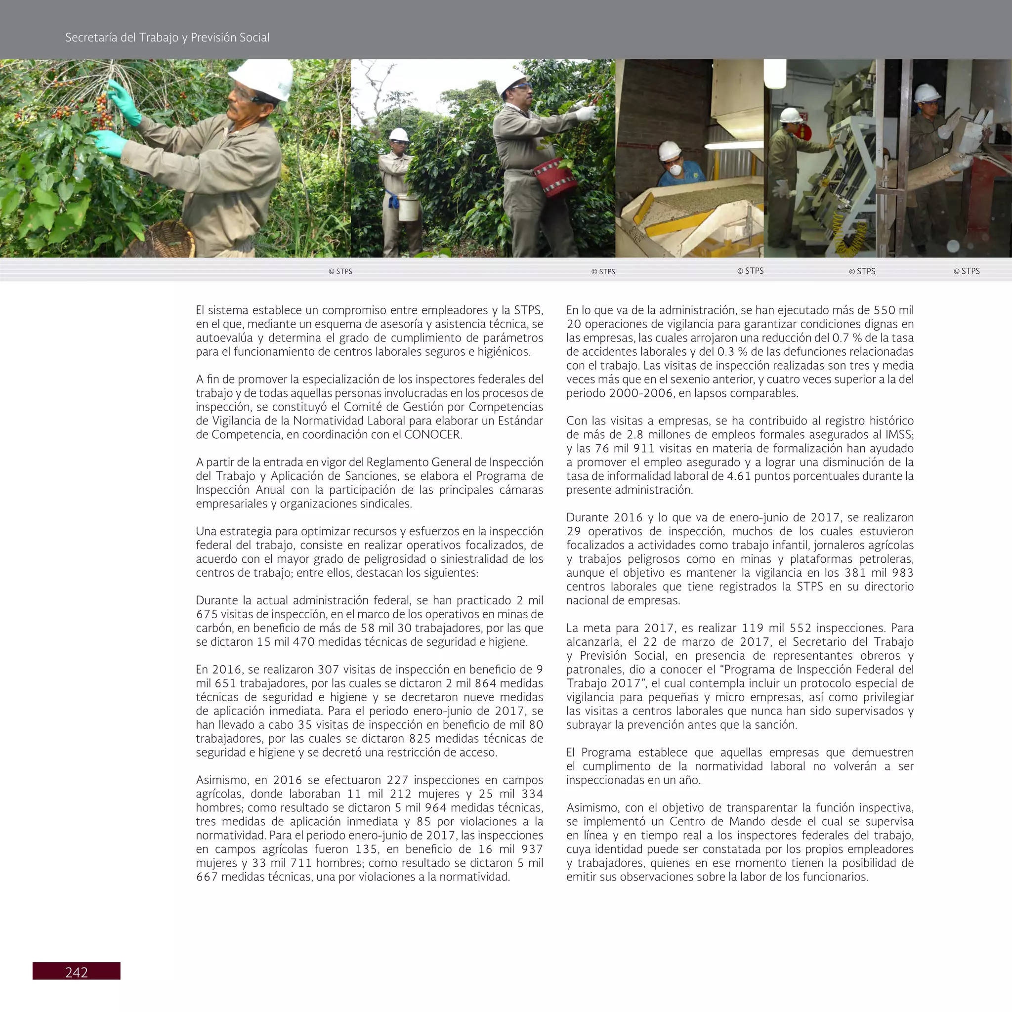 Secretaría del Trabajo y Previsión Social
242
En lo que va de la administración, se han ejecutado más de 550 mil
20 operaciones de vigilancia para garantizar condiciones dignas en
las empresas, las cuales arrojaron una reducción del 0.7 % de la tasa
de accidentes laborales y del 0.3 % de las defunciones relacionadas
con el trabajo. Las visitas de inspección realizadas son tres y media
veces más que en el sexenio anterior, y cuatro veces superior a la del
periodo 2000-2006, en lapsos comparables.
Con las visitas a empresas, se ha contribuido al registro histórico
de más de 2.8 millones de empleos formales asegurados al IMSS;
y las 76 mil 911 visitas en materia de formalización han ayudado
a promover el empleo asegurado y a lograr una disminución de la
tasa de informalidad laboral de 4.61 puntos porcentuales durante la
presente administración.
Durante 2016 y lo que va de enero-junio de 2017, se realizaron
29 operativos de inspección, muchos de los cuales estuvieron
focalizados a actividades como trabajo infantil, jornaleros agrícolas
y trabajos peligrosos como en minas y plataformas petroleras,
aunque el objetivo es mantener la vigilancia en los 381 mil 983
centros laborales que tiene registrados la STPS en su directorio
nacional de empresas.
La meta para 2017, es realizar 119 mil 552 inspecciones. Para
alcanzarla, el 22 de marzo de 2017, el Secretario del Trabajo
y Previsión Social, en presencia de representantes obreros y
patronales, dio a conocer el “Programa de Inspección Federal del
Trabajo 2017”, el cual contempla incluir un protocolo especial de
vigilancia para pequeñas y micro empresas, así como privilegiar
las visitas a centros laborales que nunca han sido supervisados y
subrayar la prevención antes que la sanción.
El Programa establece que aquellas empresas que demuestren
el cumplimento de la normatividad laboral no volverán a ser
inspeccionadas en un año.
Asimismo, con el objetivo de transparentar la función inspectiva,
se implementó un Centro de Mando desde el cual se supervisa
en línea y en tiempo real a los inspectores federales del trabajo,
cuya identidad puede ser constatada por los propios empleadores
y trabajadores, quienes en ese momento tienen la posibilidad de
emitir sus observaciones sobre la labor de los funcionarios.
El sistema establece un compromiso entre empleadores y la STPS,
en el que, mediante un esquema de asesoría y asistencia técnica, se
autoevalúa y determina el grado de cumplimiento de parámetros
para el funcionamiento de centros laborales seguros e higiénicos.
A fin de promover la especialización de los inspectores federales del
trabajo y de todas aquellas personas involucradas en los procesos de
inspección, se constituyó el Comité de Gestión por Competencias
de Vigilancia de la Normatividad Laboral para elaborar un Estándar
de Competencia, en coordinación con el CONOCER.
A partir de la entrada en vigor del Reglamento General de Inspección
del Trabajo y Aplicación de Sanciones, se elabora el Programa de
Inspección Anual con la participación de las principales cámaras
empresariales y organizaciones sindicales.
Una estrategia para optimizar recursos y esfuerzos en la inspección
federal del trabajo, consiste en realizar operativos focalizados, de
acuerdo con el mayor grado de peligrosidad o siniestralidad de los
centros de trabajo; entre ellos, destacan los siguientes:
Durante la actual administración federal, se han practicado 2 mil
675 visitas de inspección, en el marco de los operativos en minas de
carbón, en beneficio de más de 58 mil 30 trabajadores, por las que
se dictaron 15 mil 470 medidas técnicas de seguridad e higiene.
En 2016, se realizaron 307 visitas de inspección en beneficio de 9
mil 651 trabajadores, por las cuales se dictaron 2 mil 864 medidas
técnicas de seguridad e higiene y se decretaron nueve medidas
de aplicación inmediata. Para el periodo enero-junio de 2017, se
han llevado a cabo 35 visitas de inspección en beneficio de mil 80
trabajadores, por las cuales se dictaron 825 medidas técnicas de
seguridad e higiene y se decretó una restricción de acceso.
Asimismo, en 2016 se efectuaron 227 inspecciones en campos
agrícolas, donde laboraban 11 mil 212 mujeres y 25 mil 334
hombres; como resultado se dictaron 5 mil 964 medidas técnicas,
tres medidas de aplicación inmediata y 85 por violaciones a la
normatividad. Para el periodo enero-junio de 2017, las inspecciones
en campos agrícolas fueron 135, en beneficio de 16 mil 937
mujeres y 33 mil 711 hombres; como resultado se dictaron 5 mil
667 medidas técnicas, una por violaciones a la normatividad.
© STPS
© STPS
© STPS © STPS © STPS
 