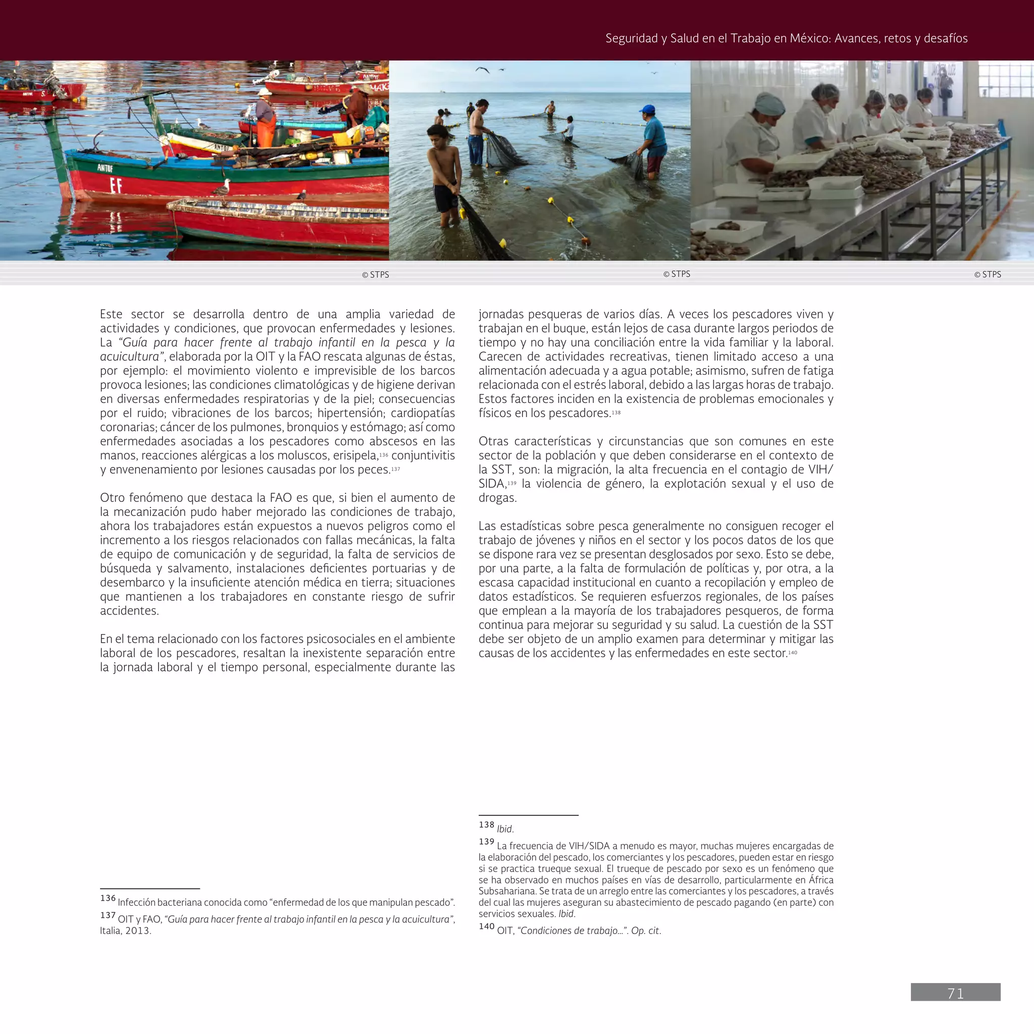71
Seguridad y Salud en el Trabajo en México: Avances, retos y desafíos
jornadas pesqueras de varios días. A veces los pescadores viven y
trabajan en el buque, están lejos de casa durante largos periodos de
tiempo y no hay una conciliación entre la vida familiar y la laboral.
Carecen de actividades recreativas, tienen limitado acceso a una
alimentación adecuada y a agua potable; asimismo, sufren de fatiga
relacionada con el estrés laboral, debido a las largas horas de trabajo.
Estos factores inciden en la existencia de problemas emocionales y
físicos en los pescadores.138
Otras características y circunstancias que son comunes en este
sector de la población y que deben considerarse en el contexto de
la SST, son: la migración, la alta frecuencia en el contagio de VIH/
SIDA,139
la violencia de género, la explotación sexual y el uso de
drogas.
Las estadísticas sobre pesca generalmente no consiguen recoger el
trabajo de jóvenes y niños en el sector y los pocos datos de los que
se dispone rara vez se presentan desglosados por sexo. Esto se debe,
por una parte, a la falta de formulación de políticas y, por otra, a la
escasa capacidad institucional en cuanto a recopilación y empleo de
datos estadísticos. Se requieren esfuerzos regionales, de los países
que emplean a la mayoría de los trabajadores pesqueros, de forma
continua para mejorar su seguridad y su salud. La cuestión de la SST
debe ser objeto de un amplio examen para determinar y mitigar las
causas de los accidentes y las enfermedades en este sector.140
138
Ibid.
139
La frecuencia de VIH/SIDA a menudo es mayor, muchas mujeres encargadas de
la elaboración del pescado, los comerciantes y los pescadores, pueden estar en riesgo
si se practica trueque sexual. El trueque de pescado por sexo es un fenómeno que
se ha observado en muchos países en vías de desarrollo, particularmente en África
Subsahariana. Se trata de un arreglo entre las comerciantes y los pescadores, a través
del cual las mujeres aseguran su abastecimiento de pescado pagando (en parte) con
servicios sexuales. Ibid.
140
OIT, “Condiciones de trabajo…”. Op. cit.
Este sector se desarrolla dentro de una amplia variedad de
actividades y condiciones, que provocan enfermedades y lesiones.
La “Guía para hacer frente al trabajo infantil en la pesca y la
acuicultura”, elaborada por la OIT y la FAO rescata algunas de éstas,
por ejemplo: el movimiento violento e imprevisible de los barcos
provoca lesiones; las condiciones climatológicas y de higiene derivan
en diversas enfermedades respiratorias y de la piel; consecuencias
por el ruido; vibraciones de los barcos; hipertensión; cardiopatías
coronarias; cáncer de los pulmones, bronquios y estómago; así como
enfermedades asociadas a los pescadores como abscesos en las
manos, reacciones alérgicas a los moluscos, erisipela,136
conjuntivitis
y envenenamiento por lesiones causadas por los peces.137
Otro fenómeno que destaca la FAO es que, si bien el aumento de
la mecanización pudo haber mejorado las condiciones de trabajo,
ahora los trabajadores están expuestos a nuevos peligros como el
incremento a los riesgos relacionados con fallas mecánicas, la falta
de equipo de comunicación y de seguridad, la falta de servicios de
búsqueda y salvamento, instalaciones deficientes portuarias y de
desembarco y la insuficiente atención médica en tierra; situaciones
que mantienen a los trabajadores en constante riesgo de sufrir
accidentes.
En el tema relacionado con los factores psicosociales en el ambiente
laboral de los pescadores, resaltan la inexistente separación entre
la jornada laboral y el tiempo personal, especialmente durante las
136
Infección bacteriana conocida como “enfermedad de los que manipulan pescado”.
137
OIT y FAO, “Guía para hacer frente al trabajo infantil en la pesca y la acuicultura”,
Italia, 2013.
© STPS © STPS © STPS
 