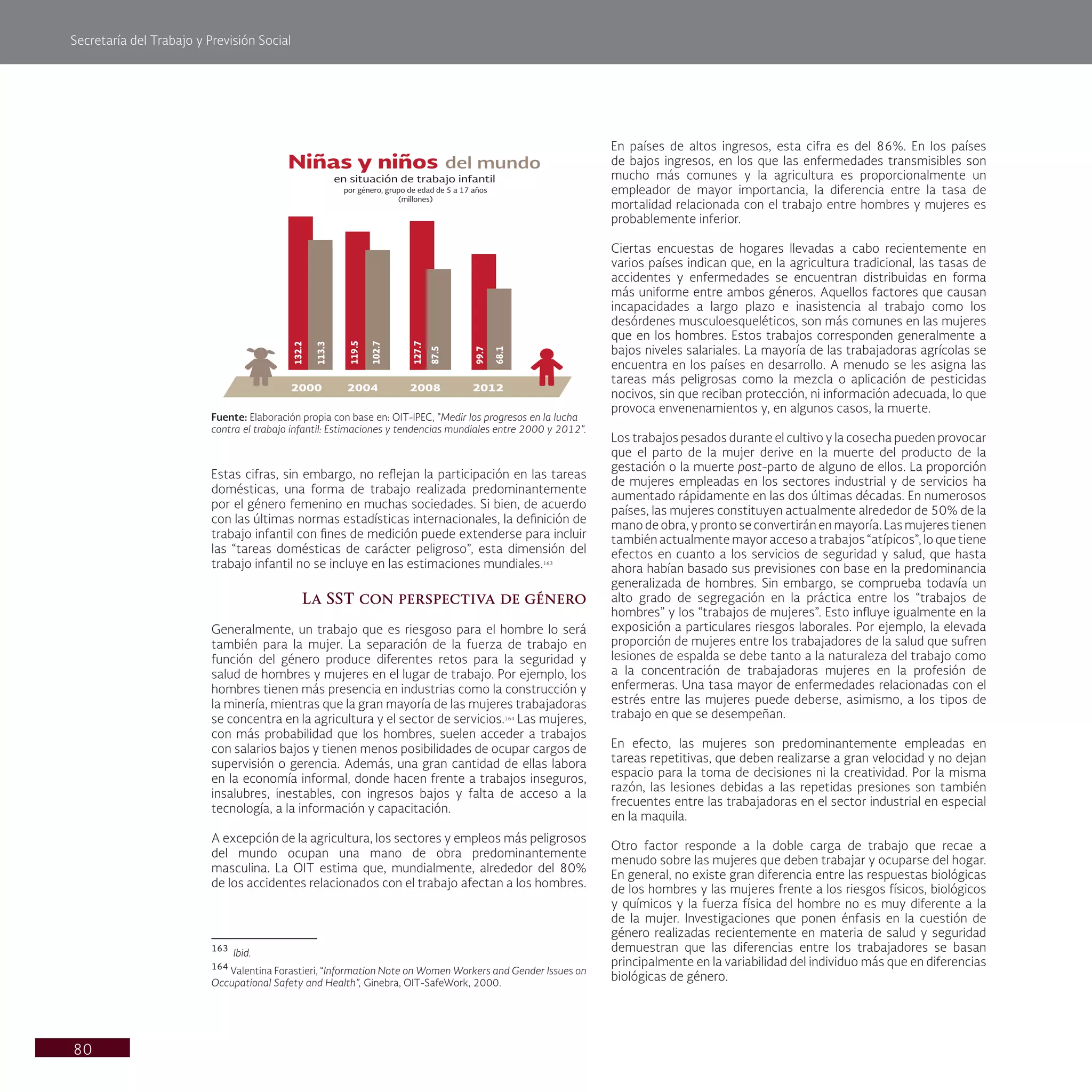 Secretaría del Trabajo y Previsión Social
80
En países de altos ingresos, esta cifra es del 86%. En los países
de bajos ingresos, en los que las enfermedades transmisibles son
mucho más comunes y la agricultura es proporcionalmente un
empleador de mayor importancia, la diferencia entre la tasa de
mortalidad relacionada con el trabajo entre hombres y mujeres es
probablemente inferior.
Ciertas encuestas de hogares llevadas a cabo recientemente en
varios países indican que, en la agricultura tradicional, las tasas de
accidentes y enfermedades se encuentran distribuidas en forma
más uniforme entre ambos géneros. Aquellos factores que causan
incapacidades a largo plazo e inasistencia al trabajo como los
desórdenes musculoesqueléticos, son más comunes en las mujeres
que en los hombres. Estos trabajos corresponden generalmente a
bajos niveles salariales. La mayoría de las trabajadoras agrícolas se
encuentra en los países en desarrollo. A menudo se les asigna las
tareas más peligrosas como la mezcla o aplicación de pesticidas
nocivos, sin que reciban protección, ni información adecuada, lo que
provoca envenenamientos y, en algunos casos, la muerte.
Los trabajos pesados durante el cultivo y la cosecha pueden provocar
que el parto de la mujer derive en la muerte del producto de la
gestación o la muerte post-parto de alguno de ellos. La proporción
de mujeres empleadas en los sectores industrial y de servicios ha
aumentado rápidamente en las dos últimas décadas. En numerosos
países, las mujeres constituyen actualmente alrededor de 50% de la
mano de obra, y pronto se convertirán en mayoría. Las mujeres tienen
también actualmente mayor acceso a trabajos “atípicos”, lo que tiene
efectos en cuanto a los servicios de seguridad y salud, que hasta
ahora habían basado sus previsiones con base en la predominancia
generalizada de hombres. Sin embargo, se comprueba todavía un
alto grado de segregación en la práctica entre los “trabajos de
hombres” y los “trabajos de mujeres”. Esto influye igualmente en la
exposición a particulares riesgos laborales. Por ejemplo, la elevada
proporción de mujeres entre los trabajadores de la salud que sufren
lesiones de espalda se debe tanto a la naturaleza del trabajo como
a la concentración de trabajadoras mujeres en la profesión de
enfermeras. Una tasa mayor de enfermedades relacionadas con el
estrés entre las mujeres puede deberse, asimismo, a los tipos de
trabajo en que se desempeñan.
En efecto, las mujeres son predominantemente empleadas en
tareas repetitivas, que deben realizarse a gran velocidad y no dejan
espacio para la toma de decisiones ni la creatividad. Por la misma
razón, las lesiones debidas a las repetidas presiones son también
frecuentes entre las trabajadoras en el sector industrial en especial
en la maquila.
Otro factor responde a la doble carga de trabajo que recae a
menudo sobre las mujeres que deben trabajar y ocuparse del hogar.
En general, no existe gran diferencia entre las respuestas biológicas
de los hombres y las mujeres frente a los riesgos físicos, biológicos
y químicos y la fuerza física del hombre no es muy diferente a la
de la mujer. Investigaciones que ponen énfasis en la cuestión de
género realizadas recientemente en materia de salud y seguridad
demuestran que las diferencias entre los trabajadores se basan
principalmente en la variabilidad del individuo más que en diferencias
biológicas de género.
Estas cifras, sin embargo, no reflejan la participación en las tareas
domésticas, una forma de trabajo realizada predominantemente
por el género femenino en muchas sociedades. Si bien, de acuerdo
con las últimas normas estadísticas internacionales, la definición de
trabajo infantil con fines de medición puede extenderse para incluir
las “tareas domésticas de carácter peligroso”, esta dimensión del
trabajo infantil no se incluye en las estimaciones mundiales.163
La SST con perspectiva de género
Generalmente, un trabajo que es riesgoso para el hombre lo será
también para la mujer. La separación de la fuerza de trabajo en
función del género produce diferentes retos para la seguridad y
salud de hombres y mujeres en el lugar de trabajo. Por ejemplo, los
hombres tienen más presencia en industrias como la construcción y
la minería, mientras que la gran mayoría de las mujeres trabajadoras
se concentra en la agricultura y el sector de servicios.164
Las mujeres,
con más probabilidad que los hombres, suelen acceder a trabajos
con salarios bajos y tienen menos posibilidades de ocupar cargos de
supervisión o gerencia. Además, una gran cantidad de ellas labora
en la economía informal, donde hacen frente a trabajos inseguros,
insalubres, inestables, con ingresos bajos y falta de acceso a la
tecnología, a la información y capacitación.
A excepción de la agricultura, los sectores y empleos más peligrosos
del mundo ocupan una mano de obra predominantemente
masculina. La OIT estima que, mundialmente, alrededor del 80%
de los accidentes relacionados con el trabajo afectan a los hombres.
163
Ibid.
164
Valentina Forastieri, “Information Note on Women Workers and Gender Issues on
Occupational Safety and Health”, Ginebra, OIT-SafeWork, 2000.
Fuente: Elaboración propia con base en: OIT-IPEC, "Medir los progresos en la lucha
contra el trabajo infantil: Estimaciones y tendencias mundiales entre 2000 y 2012".
por género, grupo de edad de 5 a 17 años
(millones)
 