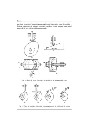 Levas

oscilante (rotación). Teniendo en cuenta la posición relativa entre el seguidor y
la leva, pueden ser de seguidor centrado, cuando el eje del seguidor pasa por el
centro de la leva o de seguidor descentrado.




        Fig. I-1 Tipos de levas: a) de placa, b) de cuña, c) de tambor y d) de cara.




  Fig. I-2 Tipos de seguidor: a) de cuña, b) de cara plana, c) de rodillo y d) de zapata.


                                              2
 