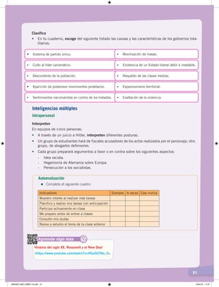 31
Clasifica
•		 En tu cuaderno, escoge del siguiente listado las causas y las características de los gobiernos tota-
litarios:
Interpreten
En equipos de cinco personas:
•	 A través de un juicio a Hitler, interpreten diferentes posturas.
•	 Un grupo de estudiantes hará de fiscales acusadores de los actos realizados por el personaje; otro
grupo, de abogados defensores.
•	 Cada grupo preparará argumentos a favor o en contra sobre los siguientes aspectos:
- Idea racista.
- Hegemonía de Alemania sobre Europa.
- Persecución a los socialistas.
•	 Sistema de partido único.
•	 Culto al líder carismático.
•	 Descontento de la población.
•	 Aparición	de	poderosos	movimientos	proletarios.
•	 Sentimientos nacionalistas en contra de los tratados.
•	 Movilización de masas.
•	 Existencia de un Estado liberal débil e inestable.
•	 Respaldo de las clases medias.
•	 Expansionismo territorial.
•	 Exaltación de la violencia.
Aprende algo más
‹https://www.youtube.com/watch?v=IfGu0dTNo_0›.
Historia del siglo XX, Roosevelt y el New Deal
@
Autoevaluación
=	Completa el siguiente cuadro:
Inteligencias múltiples
Intrapersonal
Indicadores Siempre A veces Casi nunca
Muestro interés al realizar más tareas
Planifico y realizo mis tareas con anticipación
Participo activamente en clase
Me preparo antes de entrar a clases
Consulto mis dudas
Reviso y estudio el tema de la clase anterior
UNIDAD UNO LIBRO 10.indd 31 23/4/19 11:37
 