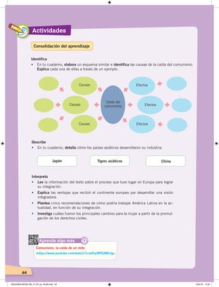 Actividades
64
Identifica
•	 En tu cuaderno, elabora un esquema similar e identifica las causas de la caída del comunismo.
Explica cada una de ellas a través de un ejemplo.
Caída del
comunismo
Causas
Causas
Causas Efectos
Efectos
Efectos
Aprende algo más
‹https://www.youtube.com/watch?v=w9vyWPGMKUg›.
Comunismo, la caída de un mito
@
Describe
•	 En tu cuaderno, detalla cómo los países asiáticos desarrollaron su industria:
Japón Tigres asiáticos China
Interpreta
•	 Lee la información del texto sobre el proceso que tuvo lugar en Europa para lograr
su integración.
•	 Explica las ventajas que recibió el continente europeo por desarrollar una visión
integradora.
•	 Plantea cinco recomendaciones de cómo podría trabajar América Latina en la ac-
tualidad, en función de su integración.
•	 Investiga cuáles fueron los principales cambios para la mujer a partir de la promul-
gación de los derechos civiles.
Consolidación del aprendizaje
SEGUNDA MITAD DEL S. XX; pp. 46-69.indd 64 23/4/19 12:32
 
