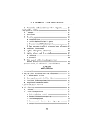 12
Oscar Peña Gonzáles / Frank Almanza Altamirano
3.	 Fundamentos, conflicto de intereses y falta de peligrosidad ................. 191
VII.	LA LEGÍTIMA DEFENSA.................................................................................................... 192
1.	Concepto......................................................................................................................... 192
2.	Fundamentos................................................................................................................ 192
3.	Requisitos...................................................................................................................... 193
a.	 Agresión ilegítima.............................................................................................. 193
b.	 Actualidad e inestabilidad de la agresión................................................ 194
c.	 Necesidad racional del medio empleado................................................. 194
d.	 Falta de provocación suficiente por parte del que se defiende........... 195
4.	 Exceso en la legítima defensa ............................................................................... 195
5.	 Legítima defensa propia y la de terceros ........................................................ 195
6.	 Legítima defensa y estado de necesidad.......................................................... 195
a.	Semejanzas .............................................................................................................195
b.	Diferencias .............................................................................................................196
7.	 Otras causas de justificación según el principio de
ausencia de interés.................................................................................................... 196
Jurisprudencia nacional relacionada con este capítulo ......................... 198
CAPÍTULO 6
LA CULPABILIDAD
I.	INTRODUCCIÓN.................................................................................................................... 201
II.	 LA CONCEPCIÓN FUNCIONALISTA DE LA CULPABILIDAD................................ 203
1.	 La responsabilidad en Roxin ................................................................................ 204
2.	 El concepto funcional de culpabilidad de Jakobs.......................................... 205
3.	 Concepto de culpabilidad en Zaffaroni............................................................. 207
4.	 Responsabilidad en Bustos Ramírez.................................................................. 207
III.	 DEFINICIÓN DE CULPABILIDAD.................................................................................... 210
IV.	IMPUTABILIDAD................................................................................................................... 213
1.	Concepto......................................................................................................................... 213
2.	 Causas de inimputabilidad..................................................................................... 214
a.	 Enfermedad mental o psicosis ..................................................................... 216
b.	 Grave perturbación de la conciencia.......................................................... 217
c.	 Sordomudez y ceguera..................................................................................... 218
d.	 La inconsciencia o situaciones ajenas a lo patológico........................ 219
e.	 El sueño.................................................................................................................. 219
 