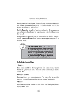 133
Teoría del delito / La tipicidad
Estos se estiman comportamientos adecuados socialmente;
no deben considerarse típicos y mucho menos antijurídi-
cos ni penalmente relevantes.
La tipificación penal es la criminalización de una norma
de cultura realizada por el legislador y establecida en una
ley penal.
La tipicidad lo aplica el juez, la tipificación lo realiza el legis-
lador, la calificación de un comportamiento como delito lo
hace el fiscal.
RECUERDA
LA TIPICIDAD ES la adecuación del
acto humano voluntario ejecutado por
el sujeto a la figura descrita por la ley
penal como delito. Es la adecuación, el
encaje, la subsunción del acto humano
voluntario al tipo penal. Si se adecua
es indicio de que es delito. Si la adecua-
ción no es completa no hay delito.
3. Categorías del tipo
• Graves
Este tipo establece delitos graves con sanciones penales
también agravadas, como pueden ser el asesinato, el parri-
cidio, etc.
• Menos graves
Las sanciones son menos graves. Por ejemplo, la sanción
para el homicidio es más corta que para el asesinato.
• Leves
Las consecuencias jurídicas son leves. Por ejemplo, el cas-
tigo para el dolo.
 