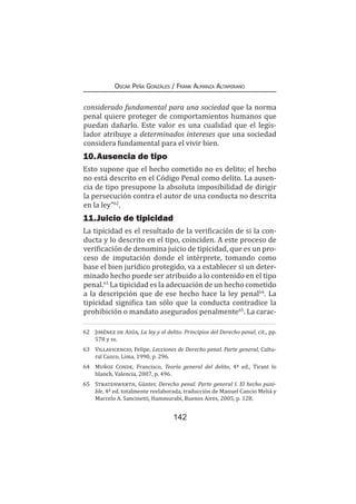 142
Oscar Peña Gonzáles / Frank Almanza Altamirano
considerado fundamental para una sociedad que la norma
penal quiere proteger de comportamientos humanos que
puedan dañarlo. Este valor es una cualidad que el legis-
lador atribuye a determinados intereses que una sociedad
considera fundamental para el vivir bien.
10.	Ausencia de tipo
Esto supone que el hecho cometido no es delito; el hecho
no está descrito en el Código Penal como delito. La ausen-
cia de tipo presupone la absoluta imposibilidad de dirigir
la persecución contra el autor de una conducta no descrita
en la ley”62
.
11.	Juicio de tipicidad
La tipicidad es el resultado de la verificación de si la con-
ducta y lo descrito en el tipo, coinciden. A este proceso de
verificación de denomina juicio de tipicidad, que es un pro-
ceso de imputación donde el intérprete, tomando como
base el bien jurídico protegido, va a establecer si un deter-
minado hecho puede ser atribuido a lo contenido en el tipo
penal.63
La tipicidad es la adecuación de un hecho cometido
a la descripción que de ese hecho hace la ley penal64
. La
tipicidad significa tan sólo que la conducta contradice la
prohibición o mandato asegurados penalmente65
. La carac-
62	 Jiménez de Asúa, La ley y el delito. Principios del Derecho penal, cit., pp.
578 y ss.
63	 Villavicencio, Felipe, Lecciones de Derecho penal. Parte general, Cultu-
ral Cuzco, Lima, 1990, p. 296.
64	 Muñoz Conde, Francisco, Teoría general del delito, 4ª ed., Tirant lo
blanch, Valencia, 2007, p. 496.
65	 Stratenwerth, Günter, Derecho penal. Parte general I. El hecho puni-
ble, 4ª ed. totalmente reelaborada, traducción de Manuel Cancio Meliá y
Marcelo A. Sancinetti, Hammurabi, Buenos Aires, 2005, p. 128.
 