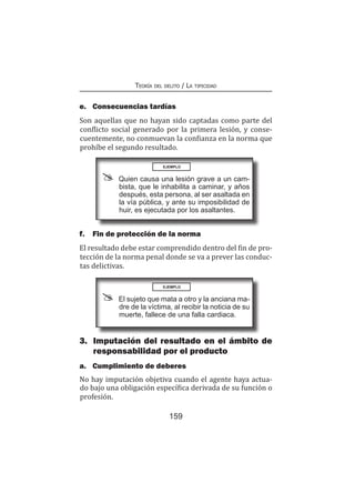 159
Teoría del delito / La tipicidad
e.	 Consecuencias tardías
Son aquellas que no hayan sido captadas como parte del
conflicto social generado por la primera lesión, y conse-
cuentemente, no conmuevan la confianza en la norma que
prohíbe el segundo resultado.
EJEMPLO
Quien causa una lesión grave a un cam-
bista, que le inhabilita a caminar, y años
después, esta persona, al ser asaltada en
la vía pública, y ante su imposibilidad de
huir, es ejecutada por los asaltantes.
EJEMPLO
El sujeto que mata a otro y la anciana ma-
dre de la víctima, al recibir la noticia de su
muerte, fallece de una falla cardiaca.
f.	 Fin de protección de la norma
El resultado debe estar comprendido dentro del fin de pro-
tección de la norma penal donde se va a prever las conduc-
tas delictivas.
3.	 Imputación del resultado en el ámbito de
responsabilidad por el producto
a.	 Cumplimiento de deberes
No hay imputación objetiva cuando el agente haya actua-
do bajo una obligación específica derivada de su función o
profesión.
 