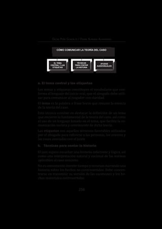 258
Oscar Peña Gonzáles / Frank Almanza Altamirano
a. El tema central y las etiquetas
Los temas y etiquetas constituyen el vocabulario que con-
forma el lenguaje del juicio oral, que el abogado debe utili-
zar para comunicar al juzgador con claridad.
El tema es la palabra o frase breve que resume la esencia
de la teoría del caso.
Esta técnica consiste en destacar la definición de un tema
que encierre lo fundamental de la teoría del caso, así como
el uso de un lenguaje basado en el tema, que facilita la co-
municación sucinta y convincente de dicha teoría.
Las etiquetas son aquellos términos favorables utilizados
por el abogado para referirse a las personas, los eventos y
las cosas asociadas con el juicio
b.	 Técnicas para contar la historia
El juez espera escuchar una historia coherente y lógica, así
como una interpretación natural y racional de las normas
aplicables al caso concreto.
No es conveniente invertir tiempo y recursos narrando una
historia sobre los hechos no controvertidos. Debe concen-
trarse en transmitir su versión de las cuestiones y los he-
chos materiales controvertidos.
TÉCNICAS
PARA CONTAR
LA HISTORIA
CÓMO COMUNICAR LA TEORÍA DEL CASO
EL TEMA
CENTRAL Y LAS
ETIQUETAS
AYUDAS
AUDIOVISUALES
 