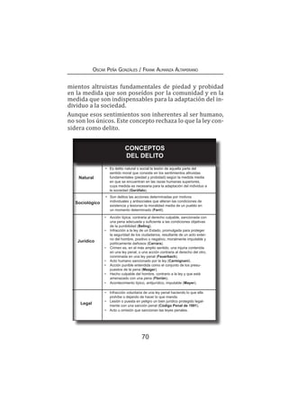 70
Oscar Peña Gonzáles / Frank Almanza Altamirano
mientos altruistas fundamentales de piedad y probidad
en la medida que son poseídos por la comunidad y en la
medida que son indispensables para la adaptación del in-
dividuo a la sociedad.
Aunque esos sentimientos son inherentes al ser humano,
no son los únicos. Este concepto rechaza lo que la ley con-
sidera como delito.
CONCEPTOS
DEL DELITO
•	 Es delito natural o social la lesión de aquella parte del
sentido moral que consiste en los sentimientos altruistas
fundamentales (piedad y probidad) según la medida media
en que se encuentran en las razas humanas superiores,
cuya medida es necesaria para la adaptación del individuo a
la sociedad (Garófalo).
•	 Son delitos las acciones determinadas por motivos
individuales y antisociales que alteran las condiciones de
existencia y lesionan la moralidad media de un pueblo en
un momento determinado (Ferri).
•	 Acción típica, contraria al derecho culpable, sancionada con
una pena adecuada y suficiente a las condiciones objetivas
de la punibilidad (Beling).
•	 Infracción a la ley de un Estado, promulgada para proteger
la seguridad de los ciudadanos, resultante de un acto exter-
no del hombre, positivo o negativo, moralmente imputable y
políticamente dañosos (Carrara).
•	 Crimen es, en el más amplio sentido, una injuria contenida
en una ley penal, o una acción contraria al derecho del otro,
conminada en una ley penal (Feuerbach).
•	 Acto humano sancionado por la ley (Carmignani).
•	 Acción punible entendida como el conjunto de los presu-
puestos de la pena (Mezger).
•	 Hecho culpable del hombre, contrario a la ley y que está
amenazado con una pena (Florián).
•	 Acontecimiento típico, antijurídico, imputable (Mayer).
•	 Infracción voluntaria de una ley penal haciendo lo que ella
prohíbe o dejando de hacer lo que manda.
•	 Lesión o puesta en peligro un bien jurídico protegido legal-
mente con una sanción penal (Código Penal de 1991).
•	 Acto u omisión que sancionan las leyes penales.
Natural
Sociológico
Jurídico
Legal
 