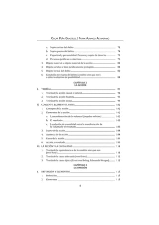 8
Oscar Peña Gonzáles / Frank Almanza Altamirano
a.	 Sujeto activo del delito...................................................................................... 71
b.	 Sujeto pasivo del delito..................................................................................... 74
c.	 Capacidad y personalidad. Persona y sujeto de derecho................... 78
d.	 Personas jurídicas o colectivas...................................................................... 79
3.	 Objeto material u objeto material de la acción............................................... 81
4.	 Objeto jurídico o bien jurídicamente protegido............................................. 81
5.	 Objeto formal del delito............................................................................................ 82
6.	 Condición necesaria del delito (conditio sine qua non)
o criterio objetivo de punibilidad......................................................................... 84
CAPÍTULO 2
LA ACCIÓN
I.	TEORÍAS.................................................................................................................................... 89
1.	 Teoría de la acción causal o natural..................................................................... 91
2.	 Teoría de la acción finalista..................................................................................... 93
3.	 Teoría de la acción social.......................................................................................... 98
II.	 CONCEPTO. ELEMENTOS. FASES................................................................................... 102
1.	 Concepto de la acción............................................................................................... 102
2.	 Elementos de la acción............................................................................................. 102
a.	 La manifestación de la voluntad (impulso volitivo)............................ 102
b.	 El resultado........................................................................................................... 103
c.	 La relación de causalidad entre la manifestación de
la voluntad y el resultado................................................................................ 103
3.	 Sujeto de la acción...................................................................................................... 104
4.	 Ausencia de la acción................................................................................................ 104
5.	 Fases de la acción....................................................................................................... 109
6.	 Acción y resultado...................................................................................................... 109
III.	 LA ACCIÓN Y LA CAUSALIDAD....................................................................................... 111
1.	 Teoría de la equivalencia o de la conditio sine qua non
(von Bury)..................................................................................................................... 111
2.	 Teoría de la causa adecuada (von Kries).......................................................... 112
3.	 Teoría de la causa típica (Ernst von Beling, Edmundo Mezger)............. 112
CAPÍTULO 3
LA OMISIÓN
I.	 DEFINICIÓN Y ELEMENTOS............................................................................................ 115
1.	 Definición....................................................................................................................... 115
2.	Elementos ..................................................................................................................... 115
 