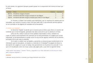 En este sentido, los siguientes ejemplos pueden ayudar en la comprensión de la forma de titular que
se busca:

  Calidad      Título                                                         Palabras Caracteres
   Mínimo      Presidenta inaugura hospital                                           3         29
     Bueno     Presidenta Bachelet inaugura hospital en San Miguel                    7         52
    Óptimo     Presidenta Bachelet inaugura hospital para niños en San Miguel         9         63

          En resumen, se deben crear titulares auto-explicativos, que no requieran de contexto para ser
entendidos, que motiven al usuario a hacer click para saber más y cuya extensión permita aparecer
sin ser truncados en las páginas de resultados de los buscadores.

¿Se deben usar bajadas?
         Se denomina “bajada” al párrafo que se muestra junto al título y que ofrece un resumen del




                                                                                                                Cómo escribir en espacios digitales
contenido que se está entregando, aportando más datos acerca de lo que se plantea en el título.
         Junto con ello, realiza la tarea de incluir palabras relacionadas al título, mediante las
cuales se ayuda al posicionamiento del contenido que se está presentando en la página que se está
redactando, ya que generalmente se puede incluir en esta sección algunos sinónimos de los términos
principales de los que trata el contenido.
         Por lo tanto, se deben usar las bajadas y aprovechar su existencia para transformarlas en la
información para los buscadores, al emplear su contenido en el metadato8 encargado de ofrecer la
descripción de la página en la que se trabaja. Este generalmente se encuentra en la zona del <head>,
que es el encabezado oculto con el que cuenta cada página web, y que tiene la siguiente forma:

<meta name=”description” content=”Tienes 5 Segundos es un libro dedicado a la escritura en sitios
web y espacios digitales” />


8. Metadato: dato que describe un contenido y que entrega información acerca de éste.
                                                                                                          83.
 