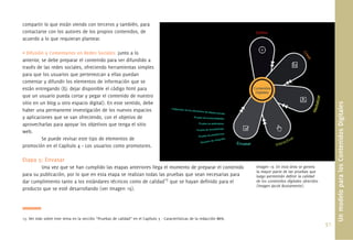 51.
compartir lo que están viendo con terceros y también, para
contactarse con los autores de los propios contenidos, de
acuerdo a lo que requieran plantear.
• Difusión y Comentarios en Redes Sociales: junto a lo
anterior, se debe preparar el contenido para ser difundido a
través de las redes sociales, ofreciendo herramientas simples
para que los usuarios que pertenezcan a ellas puedan
comentar y difundir los elementos de información que se
están entregando (Ej: dejar disponible el código html para
que un usuario pueda cortar y pegar el contenido de nuestro
sitio en un blog u otro espacio digital). En este sentido, debe
haber una permanente investigación de los nuevos espacios
y aplicaciones que se van ofreciendo, con el objetivo de
aprovecharlas para apoyar los objetivos que tenga el sitio
web.
Se puede revisar este tipo de elementos de
promoción en el Capítulo 4 – Los usuarios como promotores.
Etapa 5: Envasar
Una vez que se han cumplido las etapas anteriores llega el momento de preparar el contenido
para su publicación, por lo que en esta etapa se realizan todas las pruebas que sean necesarias para
dar cumplimiento tanto a los estándares técnicos como de calidad15
que se hayan deﬁnido para el
producto que se esté desarrollando (ver Imagen 19).
15. Ver más sobre este tema en la sección “Pruebas de calidad” en el Capítulo 3 - Características de la redacción Web.
UnmodeloparalosContenidosDigitales
Imagen 19. En esta área se genera
la mayor parte de las pruebas que
luego permitirán deﬁnir la calidad
de los contenidos digitales ofrecidos
(imagen Jacob Bustamente).
 