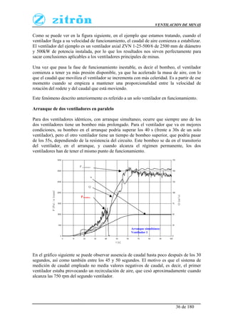 VENTILACION DE MINAS
36 de 180
Como se puede ver en la figura siguiente, en el ejemplo que estamos tratando, cuando el
ventilador llega a su velocidad de funcionamiento, el caudal de aire comienza a estabilizar.
El ventilador del ejemplo es un ventilador axial ZVN 1-25-500/6 de 2500 mm de diámetro
y 500kW de potencia instalada, por lo que los resultados nos sirven perfectamente para
sacar conclusiones aplicables a los ventiladores principales de minas.
Una vez que pasa la fase de funcionamiento inestable, es decir el bombeo, el ventilador
comienza a tener ya más presión disponible, ya que ha acelerado la masa de aire, con lo
que el caudal que moviliza el ventilador se incrementa con más celeridad. Es a partir de ese
momento cuando se empieza a mantener una proporcionalidad entre la velocidad de
rotación del rodete y del caudal que está moviendo.
Este fenómeno descrito anteriormente es referido a un solo ventilador en funcionamiento.
Arranque de dos ventiladores en paralelo
Para dos ventiladores idénticos, con arranque simultaneo, ocurre que siempre uno de los
dos ventiladores tiene un bombeo más prolongado. Para el ventilador que va en mejores
condiciones, su bombeo en el arranque podría superar los 40 s (frente a 30s de un solo
ventilador), pero el otro ventilador tiene un tiempo de bombeo superior, que podría pasar
de los 55s, dependiendo de la resistencia del circuito. Este bombeo se da en el transitorio
del ventilador, en el arranque, y cuando alcanza el régimen permanente, los dos
ventiladores han de tener el mismo punto de funcionamiento.
En el gráfico siguiente se puede observar ausencia de caudal hasta poco después de los 30
segundos, así como también entre los 45 y 50 segundos. El motivo es que el sistema de
medición de caudal empleado no medía valores negativos de caudal, es decir, el primer
ventilador estaba provocando un recirculación de aire, que cesó aproximadamente cuando
alcanza las 750 rpm del segundo ventilador.
Q
P[Pa]/n[rpm]
t [s]
Q[m³/s]
P ventilador
n
P bombeo
Arranque simultáneo:
Ventilador 1
 
