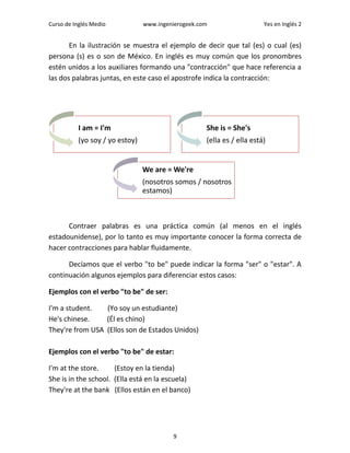 Curso de Inglés Medio www.ingenierogeek.com Yes en Inglés 2
9
En la ilustración se muestra el ejemplo de decir que tal (es) o cual (es)
persona (s) es o son de México. En inglés es muy común que los pronombres
estén unidos a los auxiliares formando una "contracción" que hace referencia a
las dos palabras juntas, en este caso el apostrofe indica la contracción:
Contraer palabras es una práctica común (al menos en el inglés
estadounidense), por lo tanto es muy importante conocer la forma correcta de
hacer contracciones para hablar fluidamente.
Decíamos que el verbo "to be" puede indicar la forma "ser" o "estar". A
continuación algunos ejemplos para diferenciar estos casos:
Ejemplos con el verbo "to be" de ser:
I'm a student. (Yo soy un estudiante)
He's chinese. (Él es chino)
They're from USA (Ellos son de Estados Unidos)
Ejemplos con el verbo "to be" de estar:
I'm at the store. (Estoy en la tienda)
She is in the school. (Ella está en la escuela)
They're at the bank (Ellos están en el banco)
I am = I'm
(yo soy / yo estoy)
She is = She's
(ella es / ella está)
We are = We're
(nosotros somos / nosotros
estamos)
 