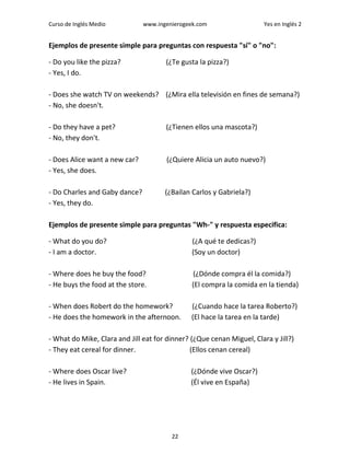 Curso de Inglés Medio www.ingenierogeek.com Yes en Inglés 2
22
Ejemplos de presente simple para preguntas con respuesta "sí" o "no":
- Do you like the pizza? (¿Te gusta la pizza?)
- Yes, I do.
- Does she watch TV on weekends? (¿Mira ella televisión en fines de semana?)
- No, she doesn't.
- Do they have a pet? (¿Tienen ellos una mascota?)
- No, they don't.
- Does Alice want a new car? (¿Quiere Alicia un auto nuevo?)
- Yes, she does.
- Do Charles and Gaby dance? (¿Bailan Carlos y Gabriela?)
- Yes, they do.
Ejemplos de presente simple para preguntas "Wh-" y respuesta especifica:
- What do you do? (¿A qué te dedicas?)
- I am a doctor. (Soy un doctor)
- Where does he buy the food? (¿Dónde compra él la comida?)
- He buys the food at the store. (El compra la comida en la tienda)
- When does Robert do the homework? (¿Cuando hace la tarea Roberto?)
- He does the homework in the afternoon. (El hace la tarea en la tarde)
- What do Mike, Clara and Jill eat for dinner? (¿Que cenan Miguel, Clara y Jill?)
- They eat cereal for dinner. (Ellos cenan cereal)
- Where does Oscar live? (¿Dónde vive Oscar?)
- He lives in Spain. (Él vive en España)
 