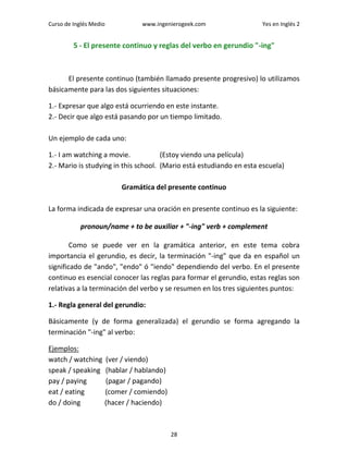 Curso de Inglés Medio www.ingenierogeek.com Yes en Inglés 2
28
5 - El presente continuo y reglas del verbo en gerundio "-ing"
El presente continuo (también llamado presente progresivo) lo utilizamos
básicamente para las dos siguientes situaciones:
1.- Expresar que algo está ocurriendo en este instante.
2.- Decir que algo está pasando por un tiempo limitado.
Un ejemplo de cada uno:
1.- I am watching a movie. (Estoy viendo una película)
2.- Mario is studying in this school. (Mario está estudiando en esta escuela)
Gramática del presente continuo
La forma indicada de expresar una oración en presente continuo es la siguiente:
pronoun/name + to be auxiliar + "-ing" verb + complement
Como se puede ver en la gramática anterior, en este tema cobra
importancia el gerundio, es decir, la terminación "-ing" que da en español un
significado de "ando", "endo" ó "iendo" dependiendo del verbo. En el presente
continuo es esencial conocer las reglas para formar el gerundio, estas reglas son
relativas a la terminación del verbo y se resumen en los tres siguientes puntos:
1.- Regla general del gerundio:
Básicamente (y de forma generalizada) el gerundio se forma agregando la
terminación "-ing" al verbo:
Ejemplos:
watch / watching (ver / viendo)
speak / speaking (hablar / hablando)
pay / paying (pagar / pagando)
eat / eating (comer / comiendo)
do / doing (hacer / haciendo)
 